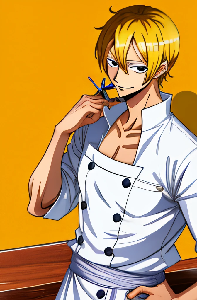 sanji anime one piece cozinhando cabelo amarelo sobrancelha encaracolada roupa de cozinheiro branca