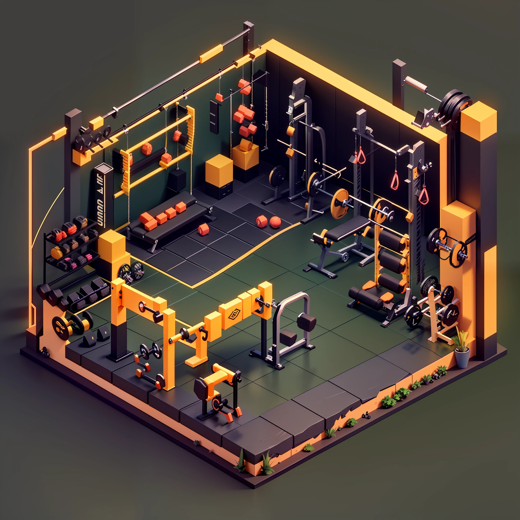 Isometric style，120 degrees accurate，Polyart，Stylized 3D rendering，Fitness gym，3D stylized scene，gym room，Black and yellow color scheme，Solid background color，No characters appear
