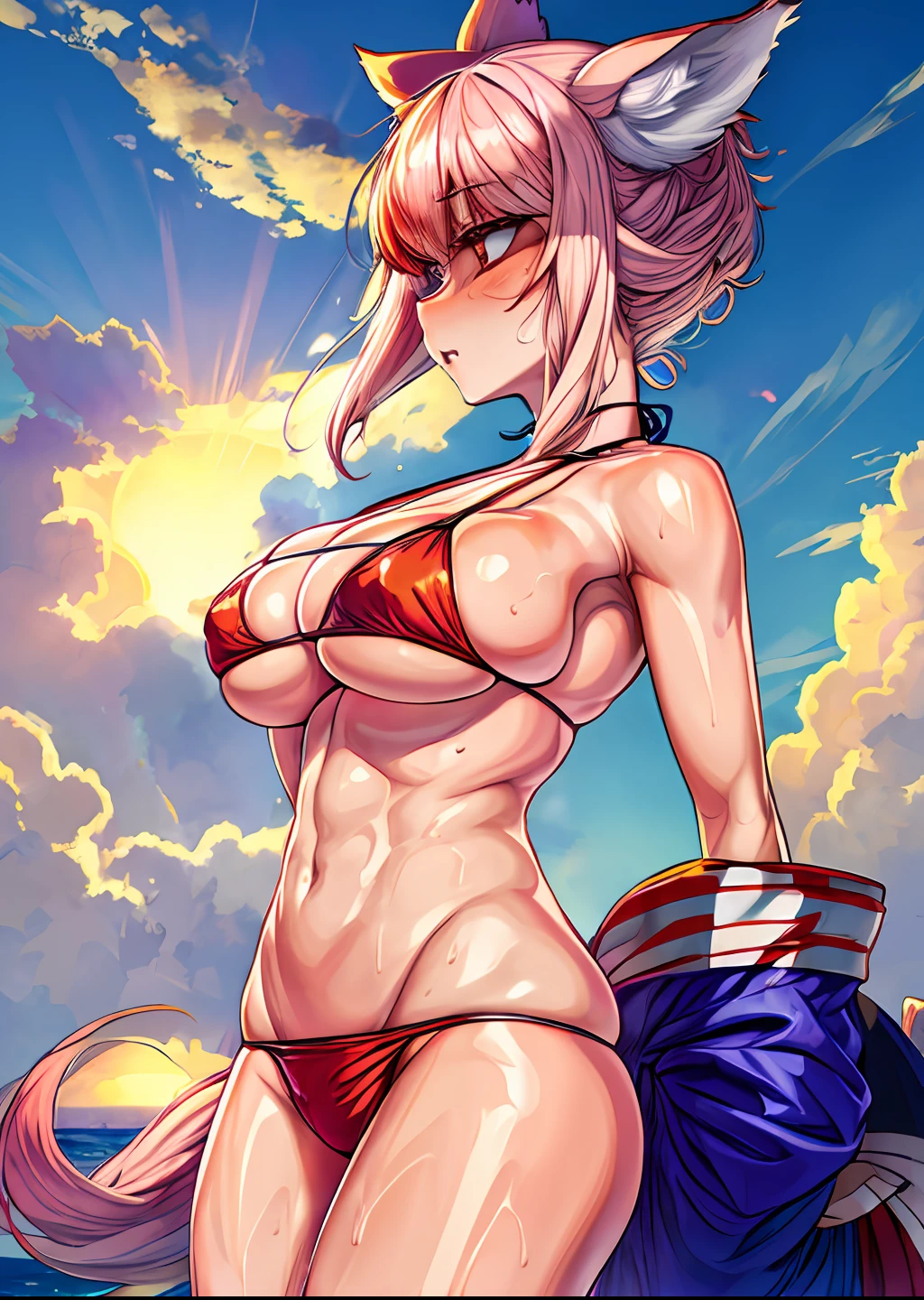 kitsune, bikini, large breasts, sweating, sunset