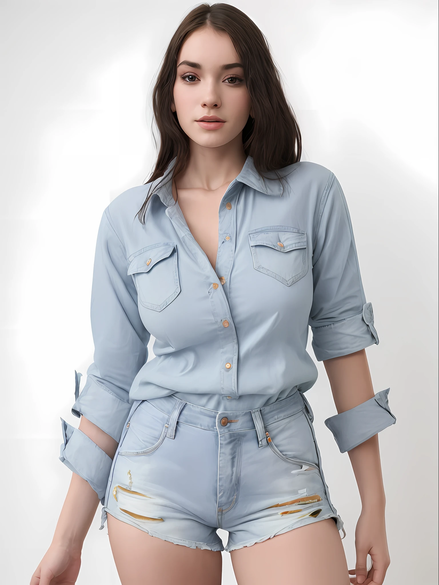 uma mulher muito linda e rosto perfeito de camisa cinza e bermuda posando para uma foto, vestindo uma camisa e uma shorts jeans, jeans no shorts, button up shirt, camisa cinza, vestindo uma camisa escura e shorts jeans, button - up shirt, com dois bolsos frontais, usando shorts jeans, vestindo uma camisa azul clara, usando jeans no shorts, camisa de gola, camisa, shorts jeans azul. irreal 5