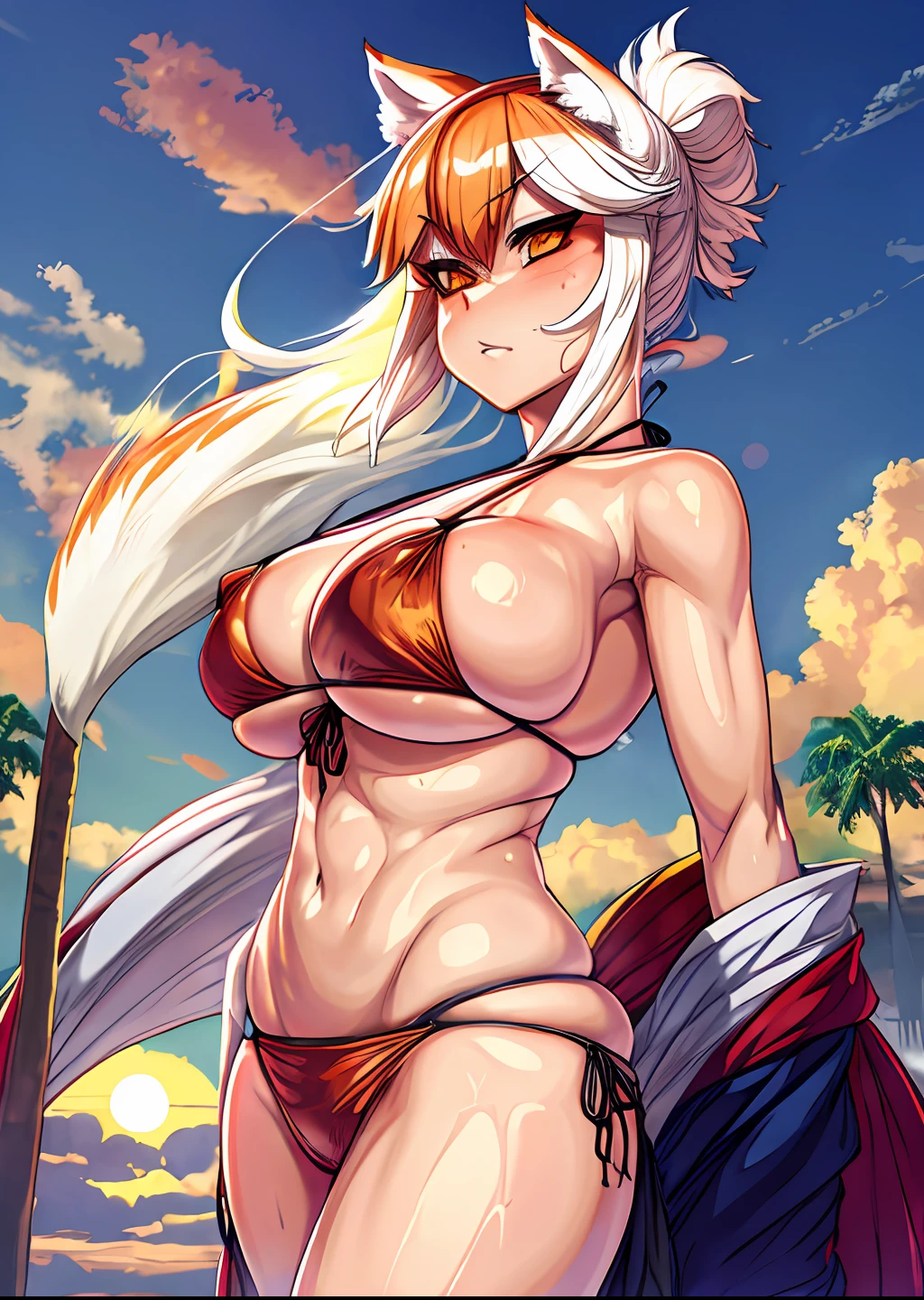 kitsune, bikini, large breasts, sweating, sunset