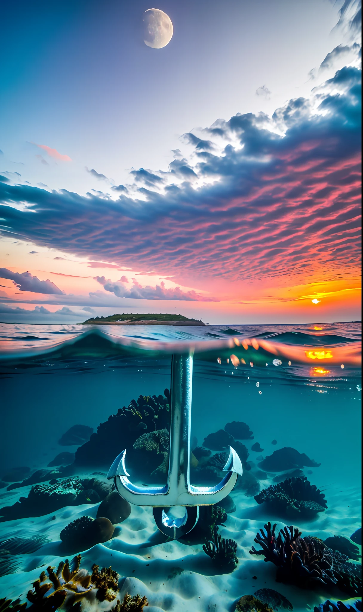 ((underwater view)) ultra wide angle, Best quality, masterpiece, ultra high res, (photorealistic:1.4), raw photo, (majestic) (((a CHROME ANCHOR sits at the bottom of ocean floor))), (underwater) in a (coral reef) environment, with (vibrant colors) and (moon rays) shining through the water, thunderstorm above