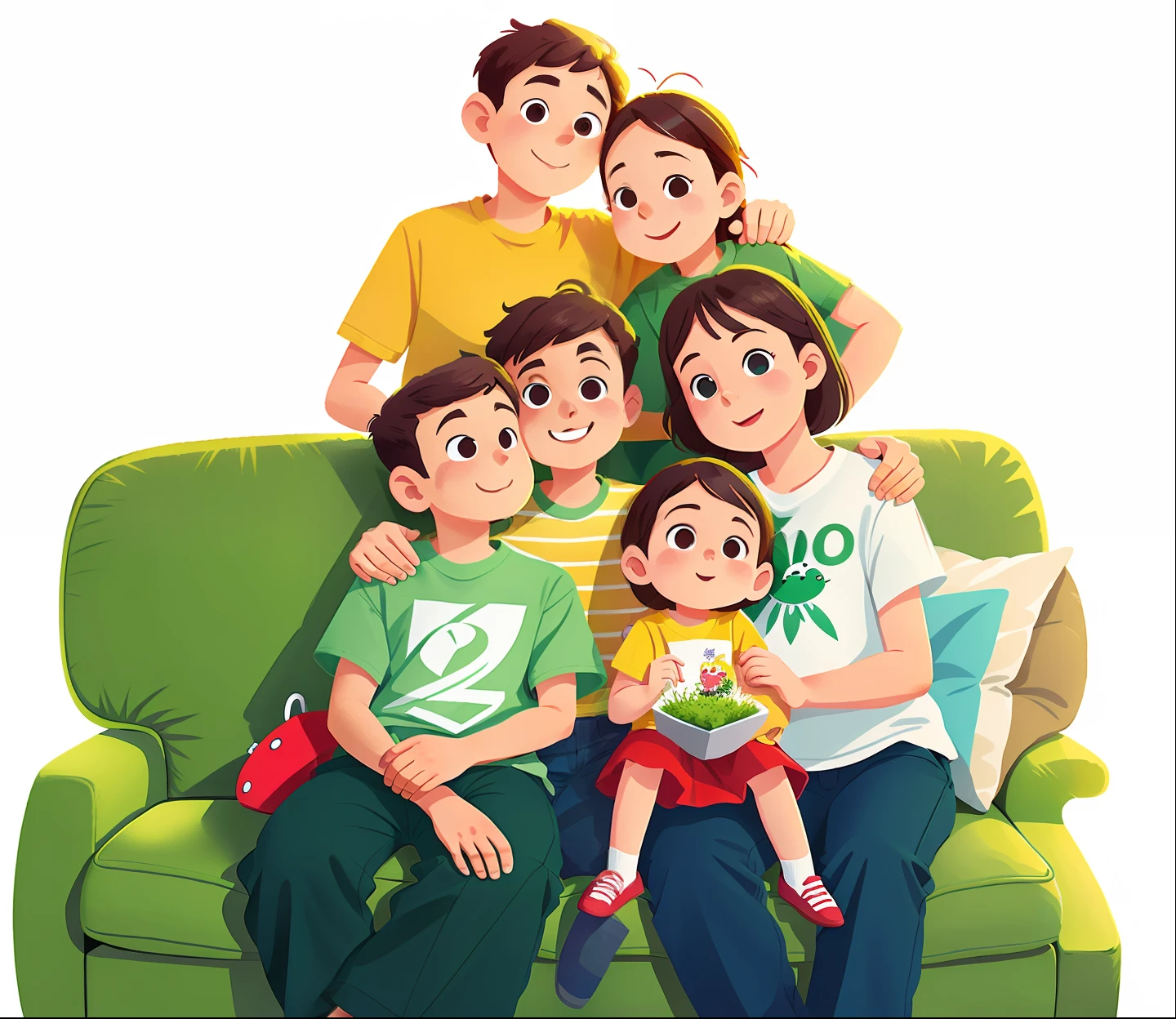 Family sitting on green sofa illustratory