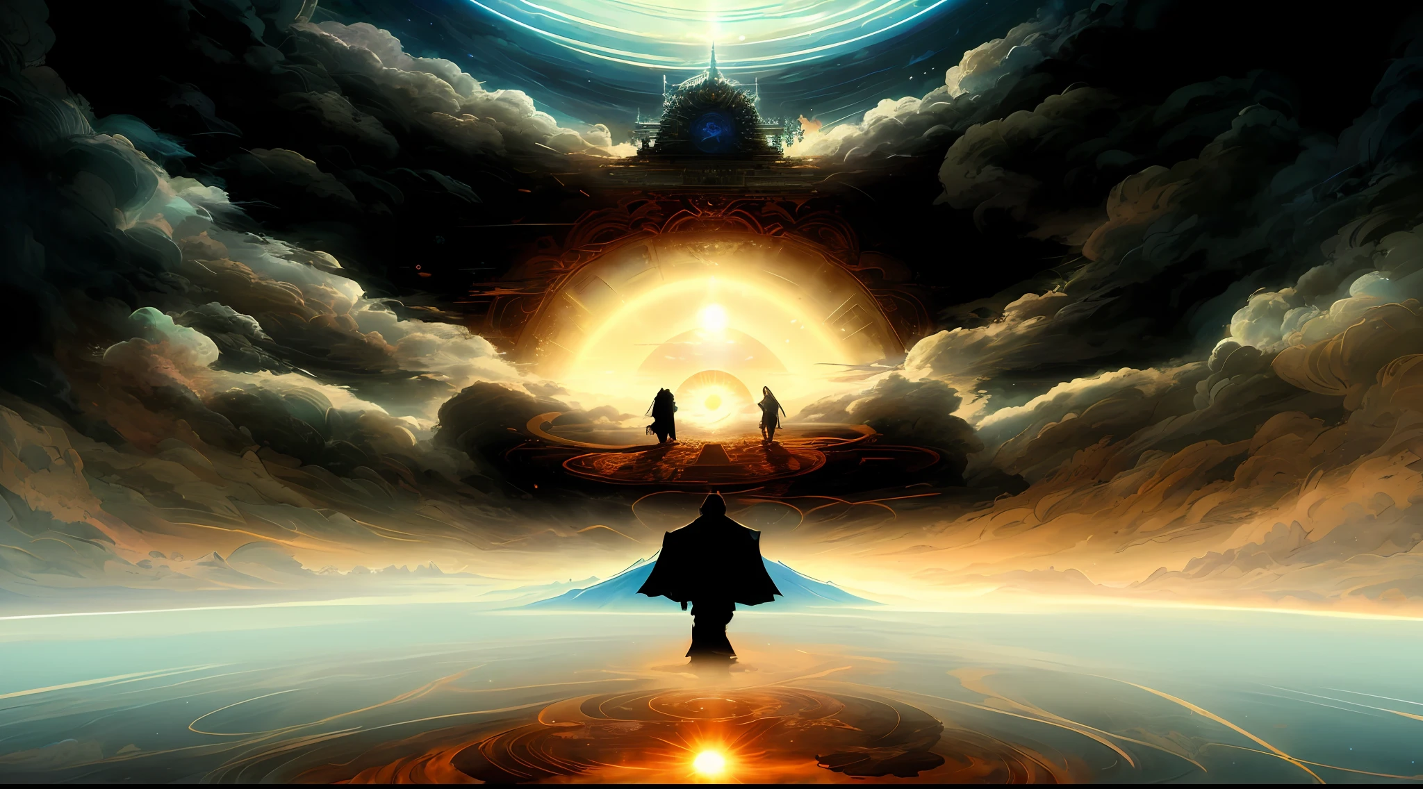 arafed image of a man standing in front of a giant sun, symmetrical epic fantasy art, dan mumford tom bagshaw, fractal thunder dan mumford, epic fantasy sci fi illustration, peter mohrbacher and dan mumford, dan mumford and peter mohrbacher, wide angle fantasy art, beeple and jean giraud, sci-fi digital art illustration