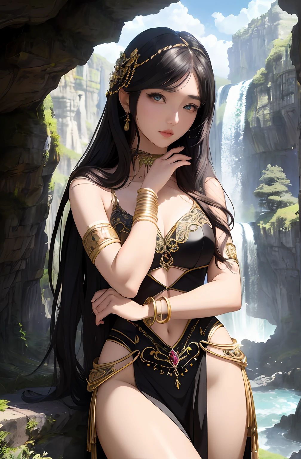 ((Realistic:1.5)),Ulzzang-6500:1.4,((Best quality)), ((Masterpiece)),((Detailed)),2girls,duo,{2 beautiful women}, (Upper body:1.3),Hug and touch each other, Tease your friend's waist, Breathless friends, Biting a friend's earlobe, crouched,super wide shot,Face focus, Long legs,Curvy, Barefoot,Wide hips, Thin legs, Oversized eyes,Long eyelashes, (Detailed face,beautidful eyes, detailedpupils,detailed clothes features, Clear background:1.3), (armlets, bangle:1.3), Mysterious ancient ruins, floresta exuberante, Deep canyon,bridge,River,cliff,Cloud,lakes,Rock music,Waterfalls, Flowers, Grass,grape trees,tree,bright detail,Sharp,Perfect compounding, Intricate, Sharp focus, Dramatic,