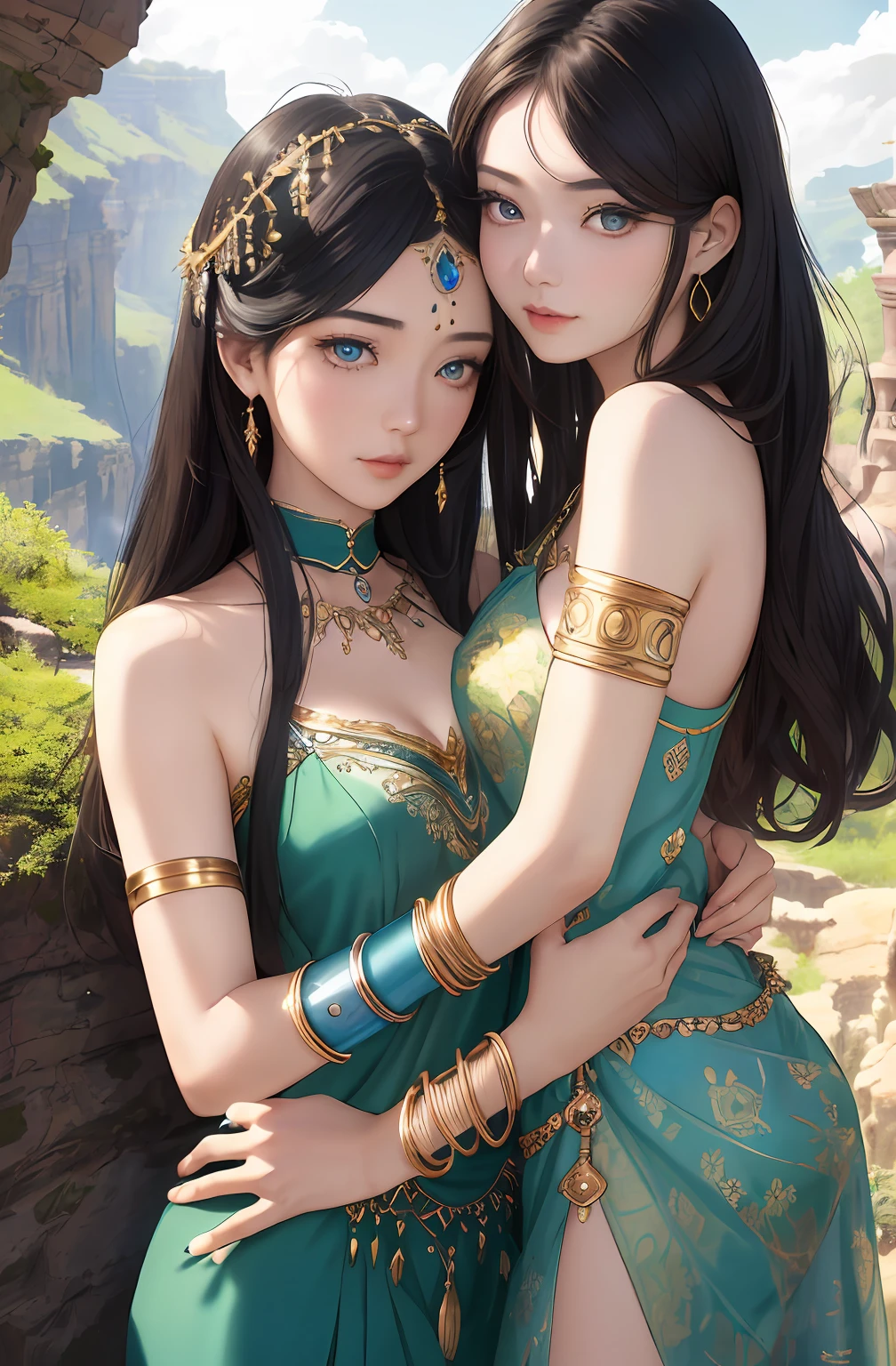 ((Realistic:1.5)),Ulzzang-6500:1.4,((Best quality)), ((Masterpiece)),((Detailed)),2girls,duo,{2 beautiful women}, (Upper body:1.3),Hug and touch each other, Tease your friend's waist, Breathless friends, Biting a friend's earlobe, crouched,super wide shot,Face focus, Long legs,Curvy, Barefoot,Wide hips, Thin legs, Oversized eyes,Long eyelashes, (Detailed face,beautidful eyes, detailedpupils,detailed clothes features, Clear background:1.3), (armlets, bangle:1.3), Mysterious ancient ruins, floresta exuberante, Deep canyon,bridge,River,cliff,Cloud,lakes,Rock music,Waterfalls, Flowers, Grass,grape trees,tree,bright detail,Sharp,Perfect compounding, Intricate, Sharp focus, Dramatic,