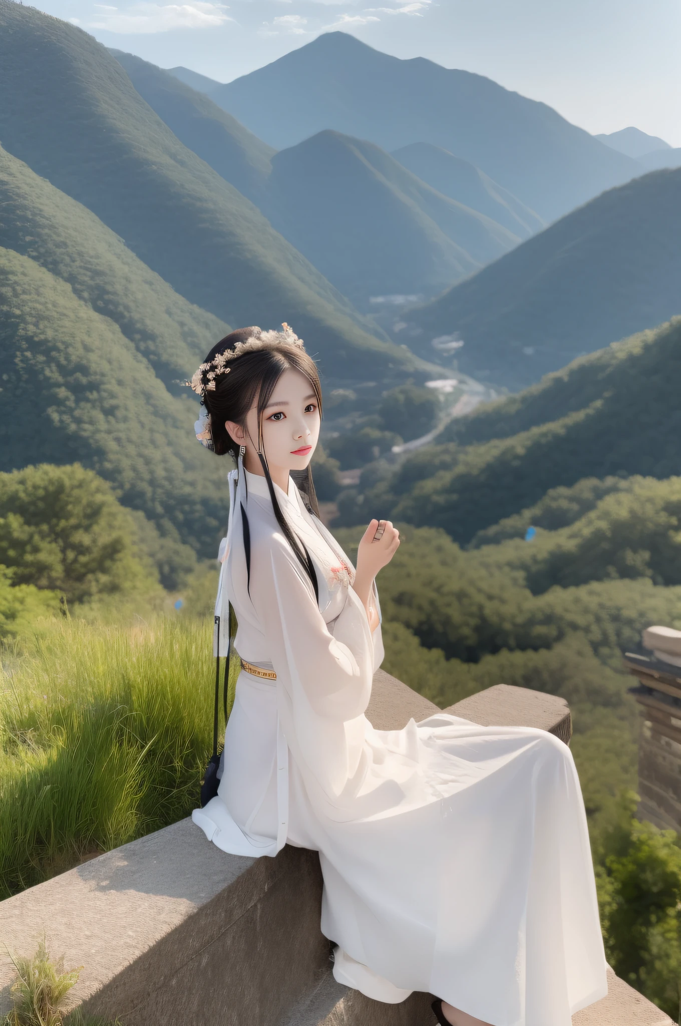 The woman in Changting Hanfu sat and watched the years pass, Lookout mountain shallow clouds