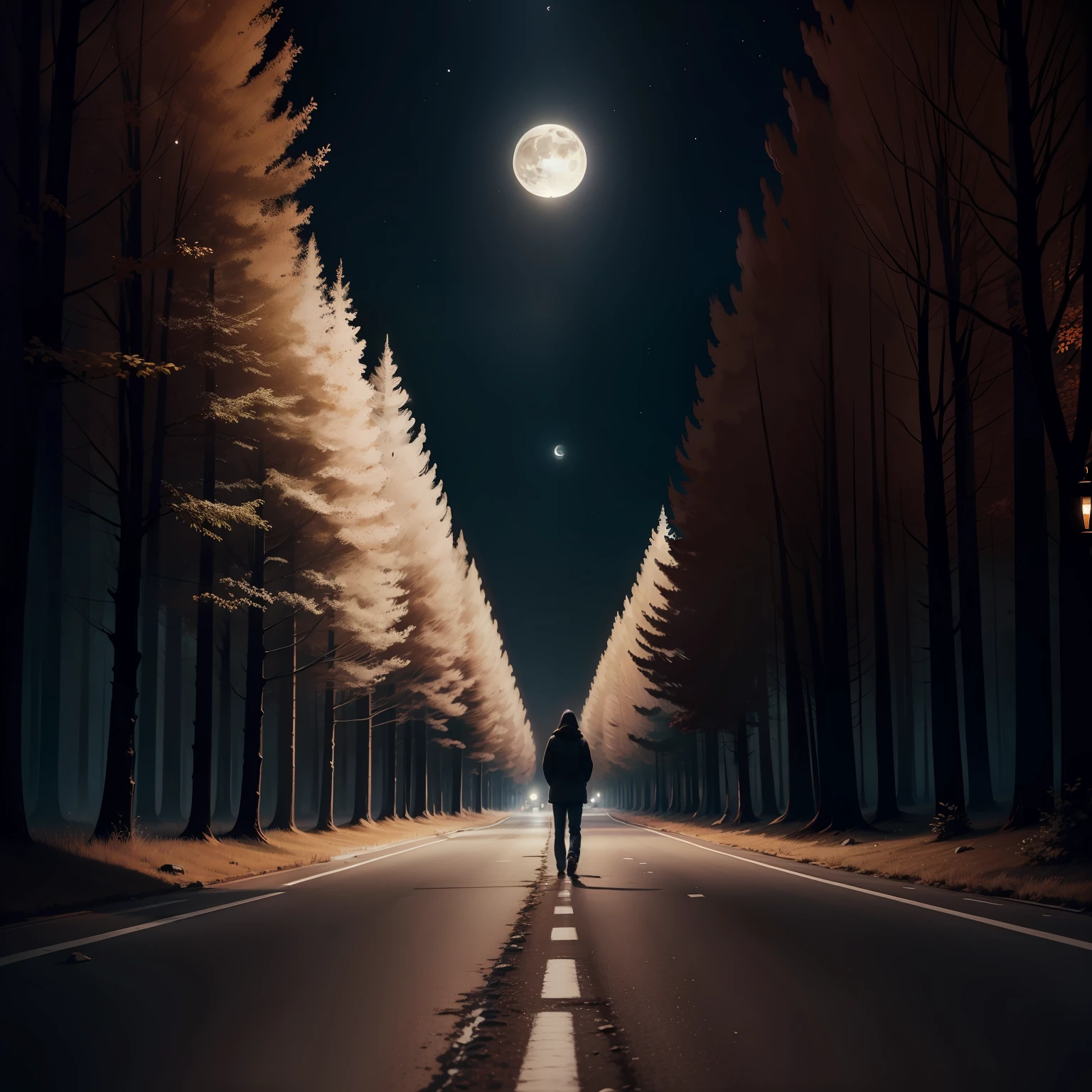 Walking alone on the road in the dead of night,There are trees,lamplight,themoon