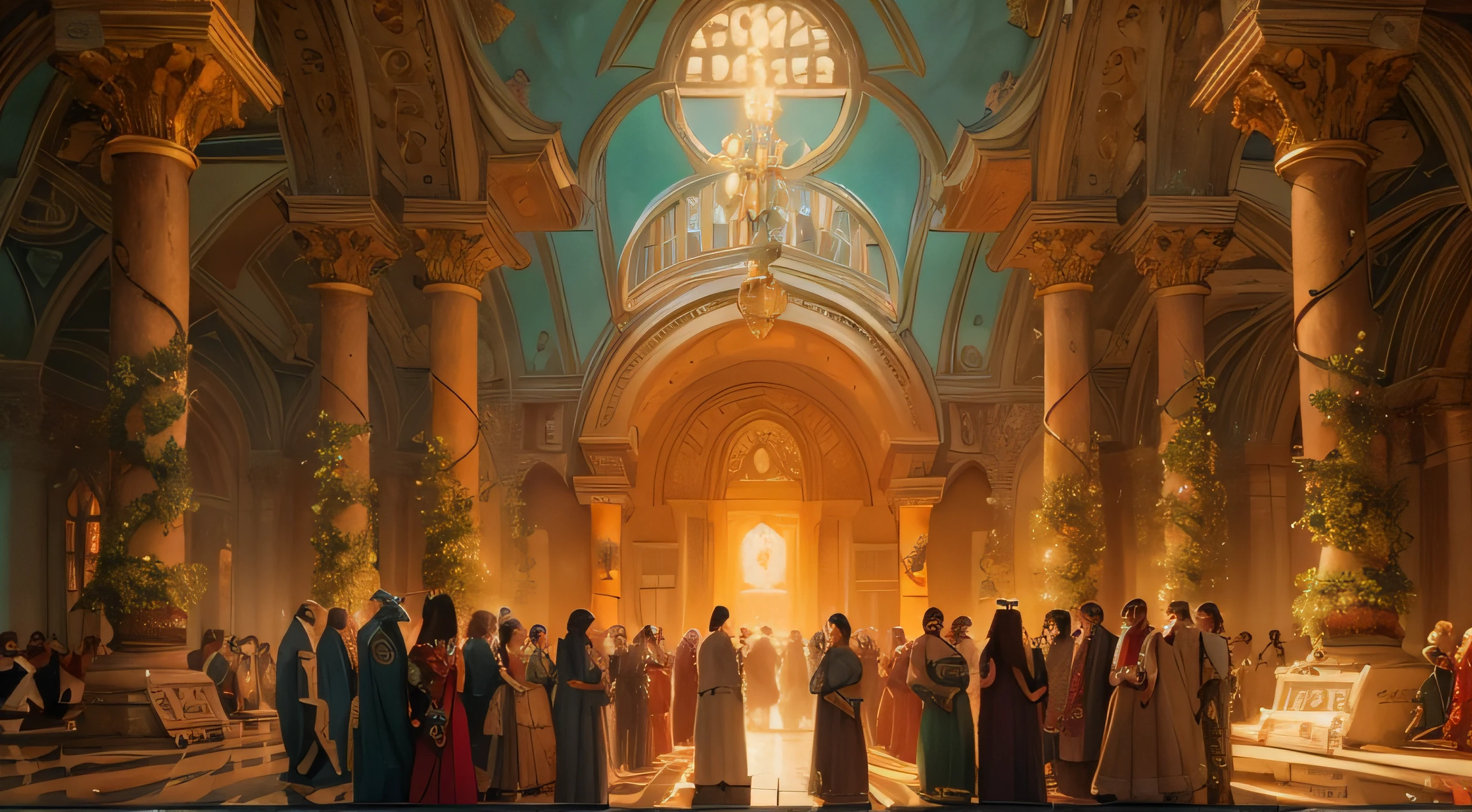 Alavid image of a group of people in a large room, Symmetrical epic fantasy art, elegant cinematic fantasy art, Art fantastique grand angle, Marc Simonetti. iintricate, breathtaking fantasy art, world seen only through a portal, cinematic fantasy painting, author:Alexander Kucharisky, Marc _ Simonetti, Chinese fantasy art, dramatic fantasy art