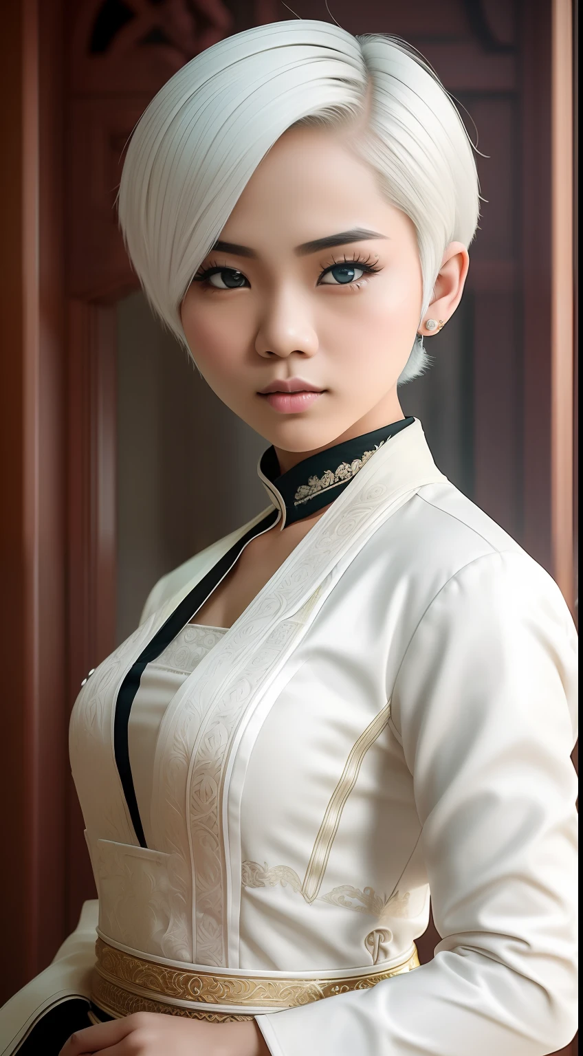 cinematic shot, centered, cinematography, intricately detailed, crafted, meticulous, magnificent, maximum details, extremely hyper aesthetic, realistic, malay girl (((1girl, solo))), 18age,short white hair, (((center))),