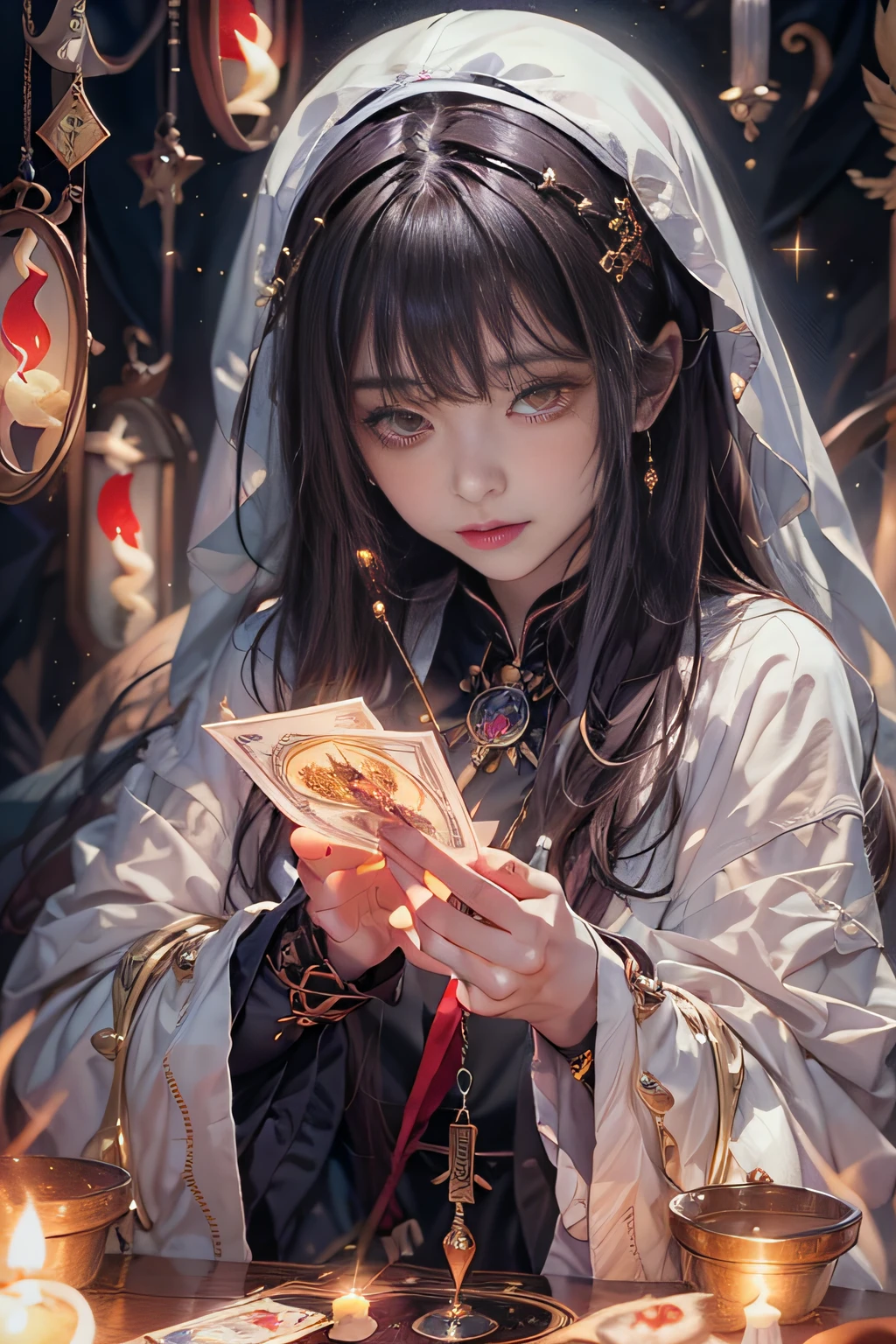 Mysterious woman doing tarot reading,Tarot Reading,cute  face,Blunt bangs, Straight hair, Shiny hair,Medieval mystery clothes,Mysterious fortune teller,Mysterious hermit,White Magician,magical lights,albino,Red Eyes,Red glowing eyes,Light of Magic,