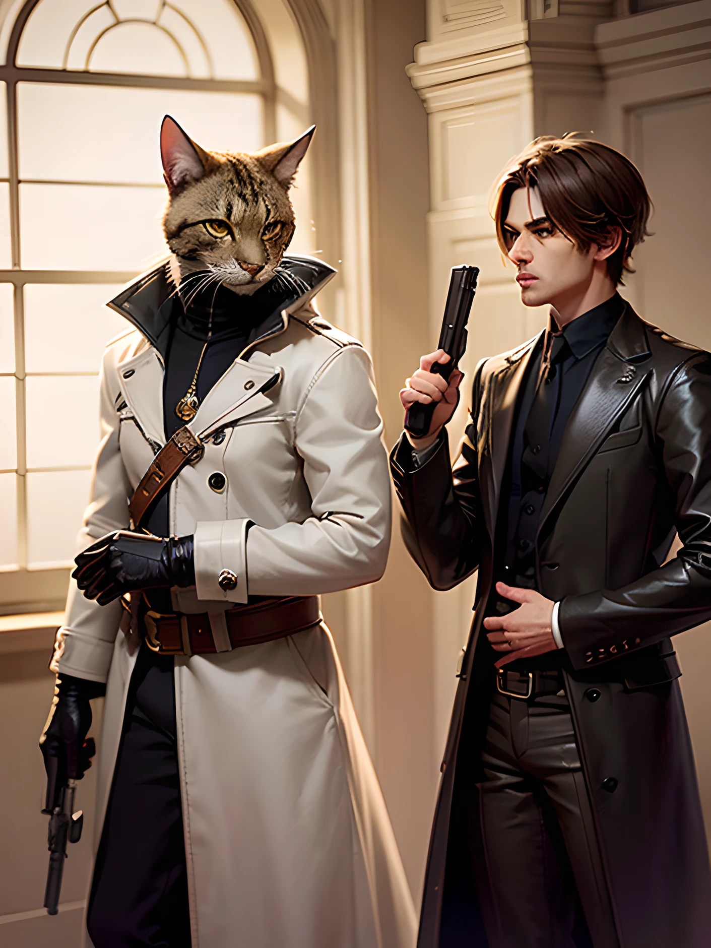 tabaxi, green eyes, grey fur, white longcoat with black details, black powder revolver in brown leather holster, black powder revolver in hand, inquisitor, killing undead fantasy, looking to the side, high res, 8k