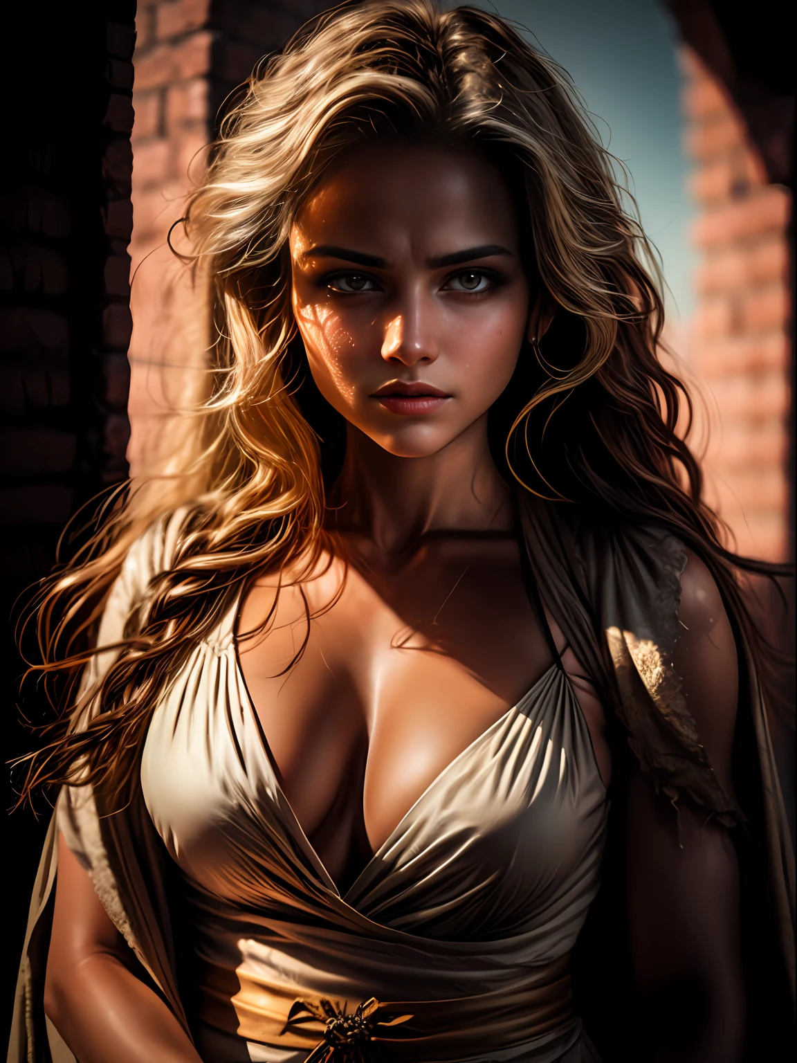 cowboy shot , Hyper-real, cinematographic shot, in the style of Joëlle Jones , an incredible beautiful demon hunter  is defending herself against enemy, wearing white bodysuit, white short cape, shoulder armor, (her clothes are ripped and torn by intense combat), welding a Roman sword, long blond silky hair , v shaped face, big beautiful eyes, detailed skin, facial expression exhausted, [scars and cuts], [dusty], dynamic wind, elaborated background, vivid colors , masterpiece , 8k raw, photo-realistic, HDR, photon mapping,deep of field, radiosity, surface scattering reflections, intricate background ,shot with  camera flash:1,8 , sharp focus,  perfect composition, award-winning photograph, cinematic smooth, intricate detail, tessellation:1.2 , take it on a nikon d750, specular reflection, reflecting map, octane render , deep of field,perfecteyes,Realism