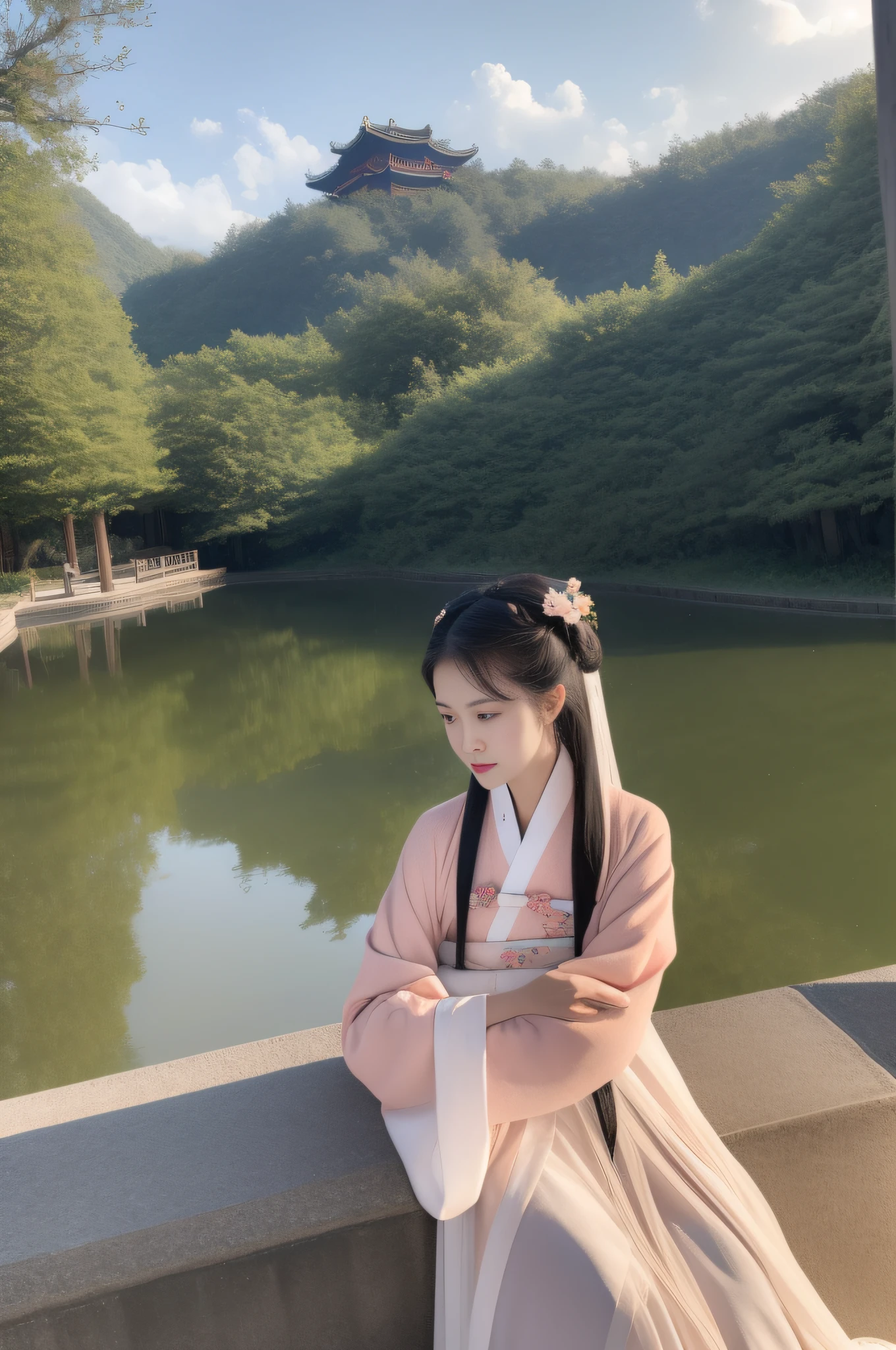 The woman in Changting Hanfu sat and watched the years pass, Lookout mountain shallow clouds