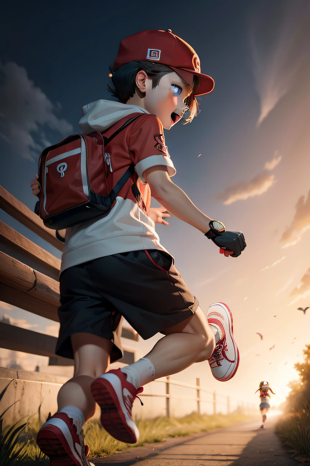 The boy wears a red hat and the Pokemon trainer runs away in fear