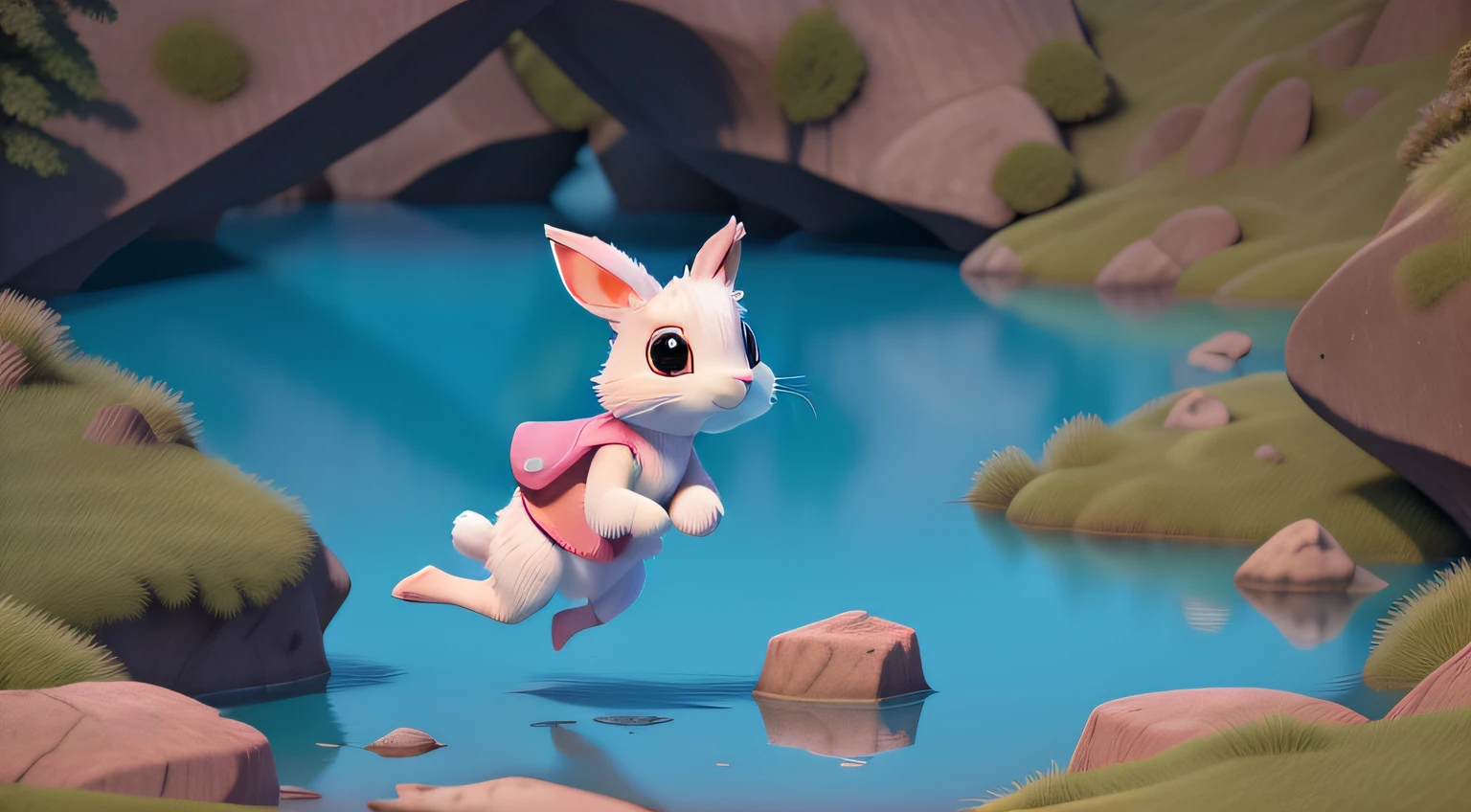 "A fluffy pink rabbit(detailed: 1.4) gracefully hopping among the rocks in a serene lake" ((best quality)), ((masterpiece)), 3D