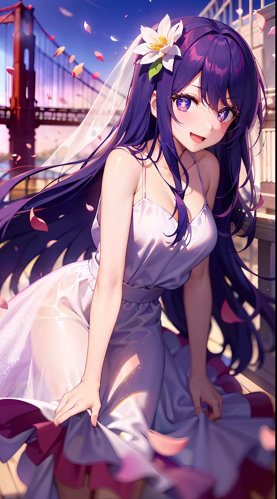 1girll，（（There is a five-pointed star in the eye））Gorgeous Hair in Long Purple，（wedding gown），falling flower petals，On the Golden Gate Bridge，Smile，Open mouth