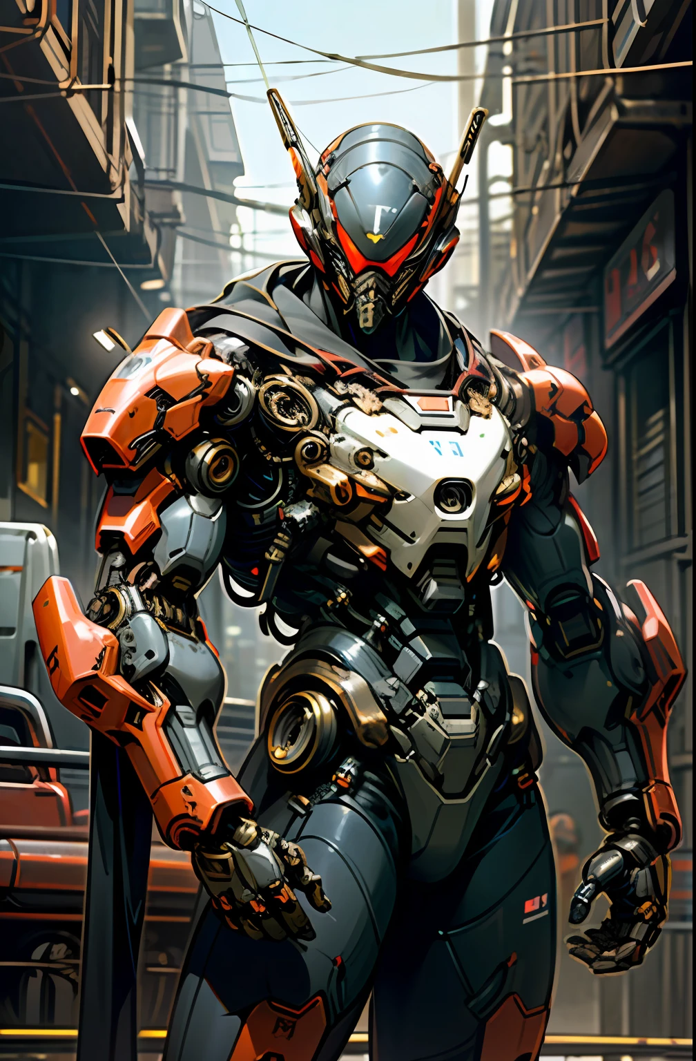 Dark_Fantasy,Cyberpunk,(bazooka man, Red:1.1),1man,Mechanical marvel,Robotic presence,Cybernetic guardian, wearing a worn-out mech suit, intricate, (steel metal [rusty]), elegant, clear focus, shot by greg rutkowski, soft lighting, vibrant colors, masterpiece, ((street)), cowboy shot, dynamic pose,