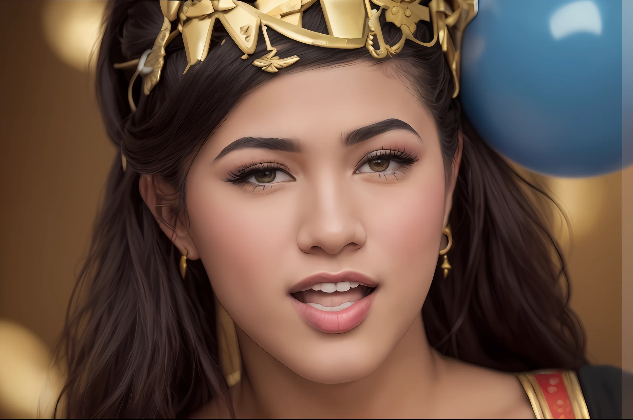 The head depicts a woman with a crown and a blue balloon in the background, Portrait of modern Darna, Young woman as Genghis Khan, lunar, Selena Quintanilla Perez, Fan art, portrait of Zendaya, traditional art, aesthetic!!!!!! Female genie, beautiful queen, Oriental Face, Egyptian Princess, RAW, Highly professional light, Detailed, Perfect gradient, tmasterpiece, dslr, 8k uhd,
Canon EOS RP Body, HTF, ISO200, F/2,8, 70mm