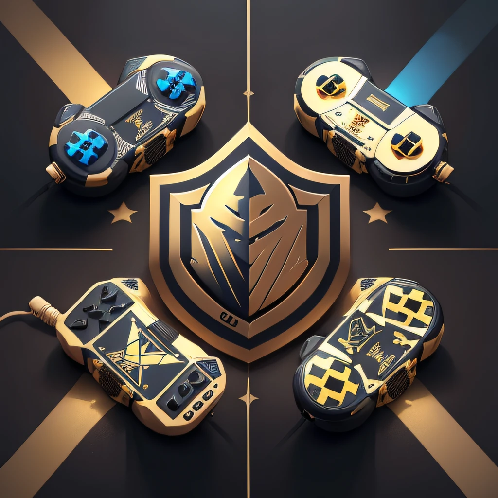 Golden Knights ice hockey team logo style, but a joystick with buttons, Tema de jogos, simples, the colors will be bluish and red, gradiente, geometric, Kite shield behind joystick, alta qualidade, linhas extra-arrojadas, Tom de Duo, Logotipo da equipe de esports, fundo branco