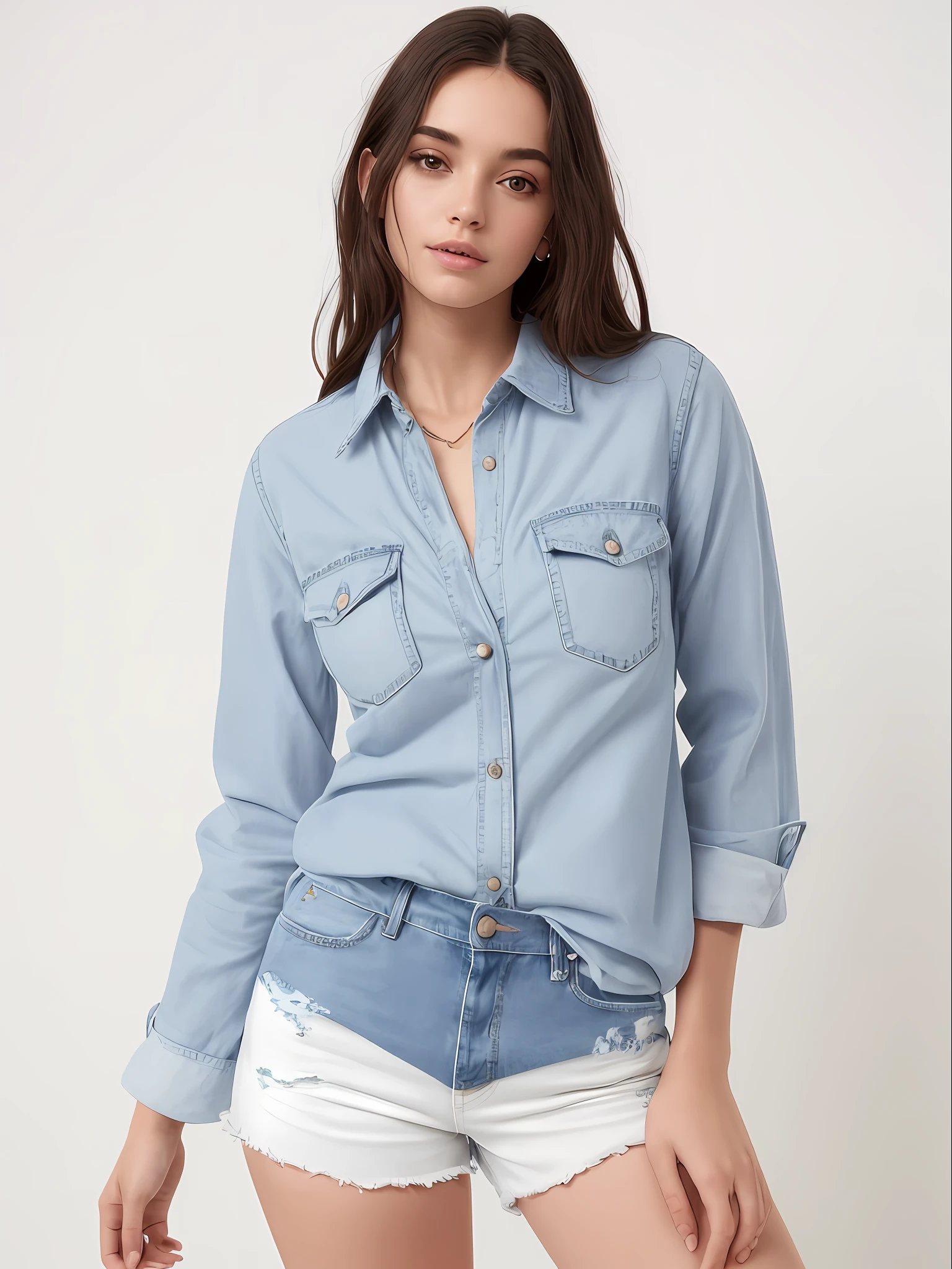 uma mulher muito linda e magra, rosto perfeito de camisa cinza e bermuda posando para uma foto, vestindo uma camisa e uma shorts jeans, jeans no shorts, button up shirt, camisa cinza, vestindo uma camisa escura e shorts jeans, button - up shirt, com dois bolsos frontais, usando shorts jeans, vestindo uma camisa azul clara, usando jeans no shorts, camisa de gola, camisa, shorts jeans azul. irreal 5
