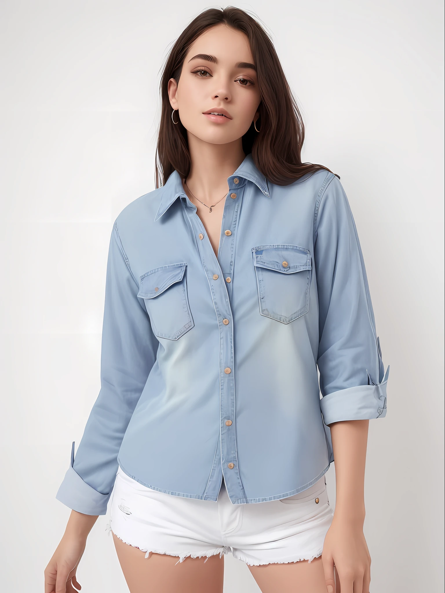uma mulher muito linda e magra, rosto perfeito de camisa cinza e bermuda posando para uma foto, vestindo uma camisa e uma shorts jeans, jeans no shorts, button up shirt, camisa cinza, vestindo uma camisa escura e shorts jeans, button - up shirt, com dois bolsos frontais, usando shorts jeans, vestindo uma camisa azul clara, usando jeans no shorts, camisa de gola, camisa, shorts jeans azul. irreal 5