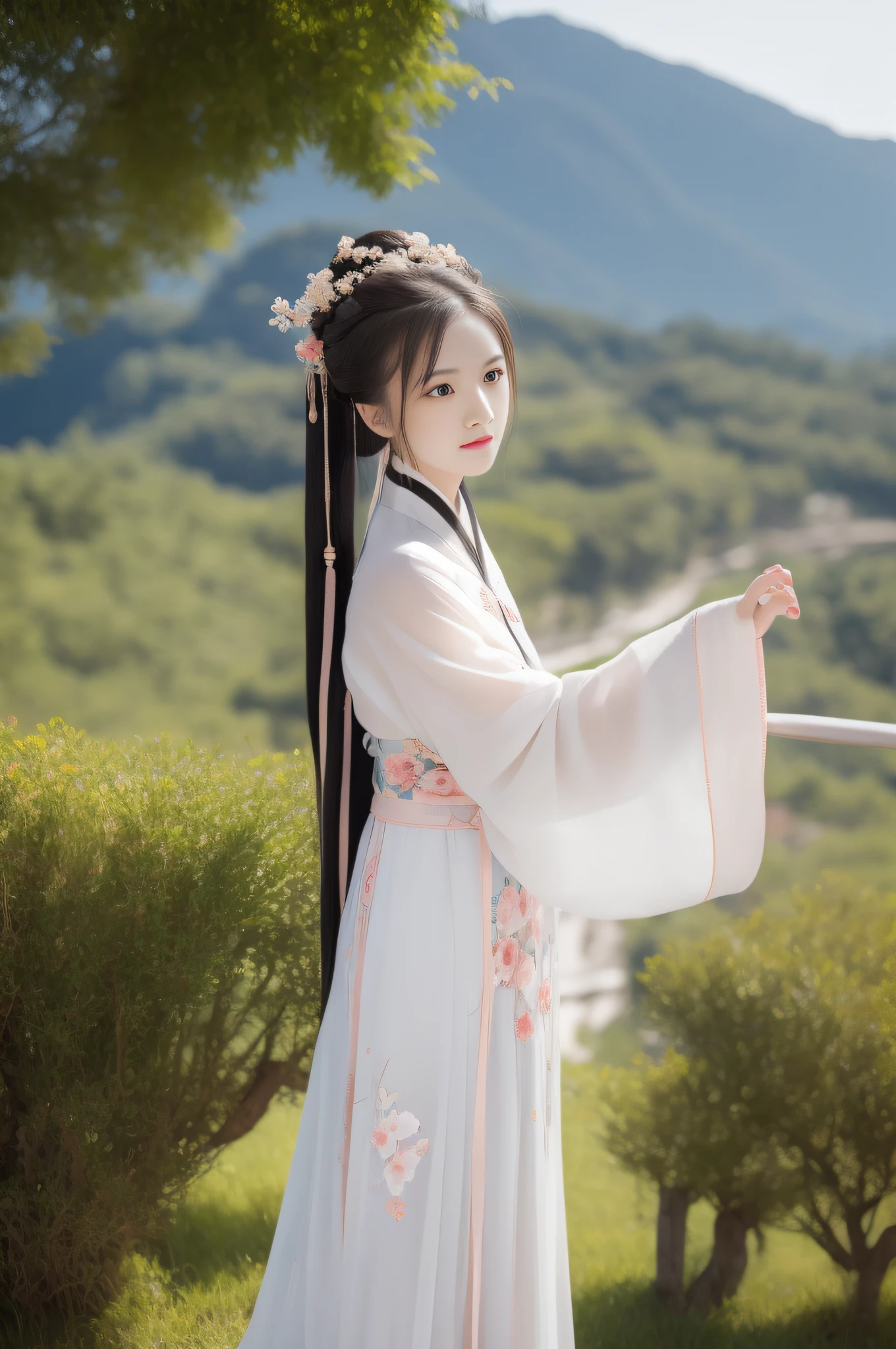 The woman in Changting Hanfu sat and watched the years pass, Lookout mountain shallow clouds