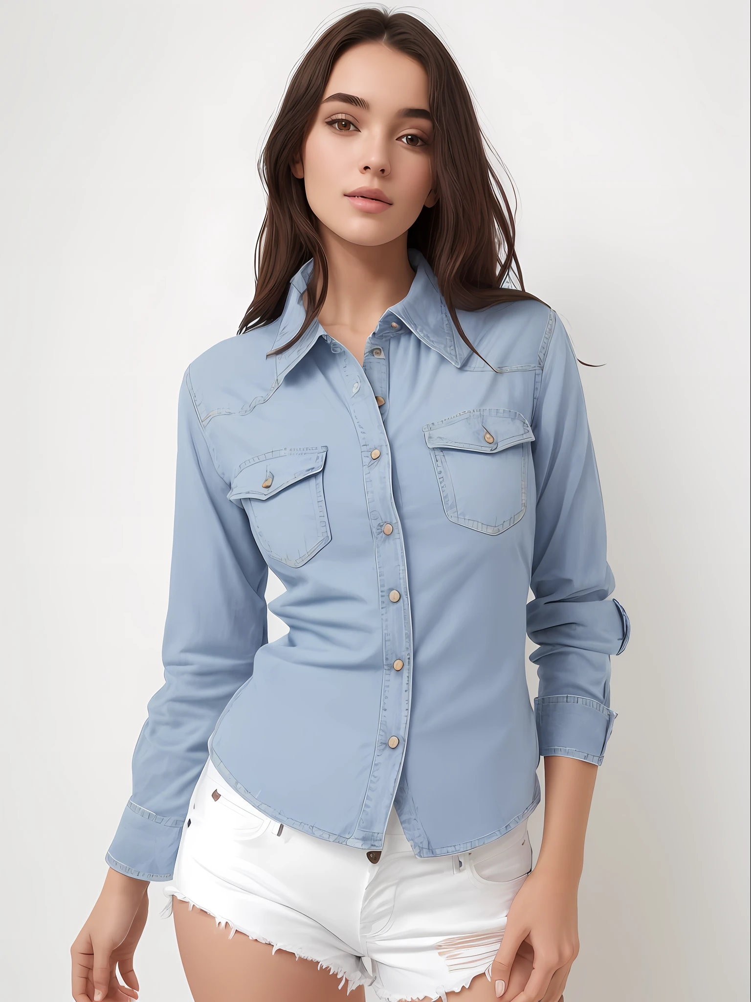 uma mulher muito linda e magra, rosto perfeito de camisa cinza e bermuda posando para uma foto, vestindo uma camisa e uma shorts jeans, jeans no shorts, button up shirt, camisa cinza, vestindo uma camisa escura e shorts jeans, button - up shirt, com dois bolsos frontais, usando shorts jeans, vestindo uma camisa azul clara, usando jeans no shorts, camisa de gola, camisa, shorts jeans azul. irreal 5