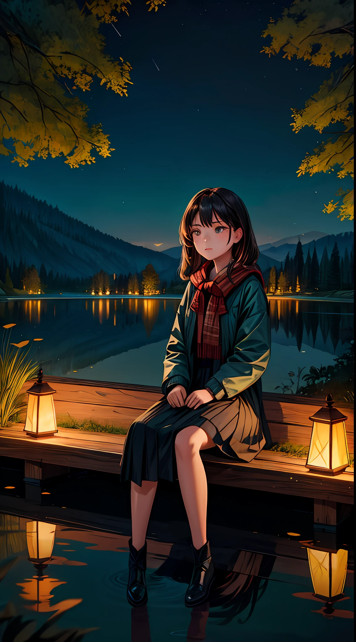 masterpiece,best quality,cinematic,dramatic,dynamic,1girl,landscape,lake,sitting,night,illumination,pond,face