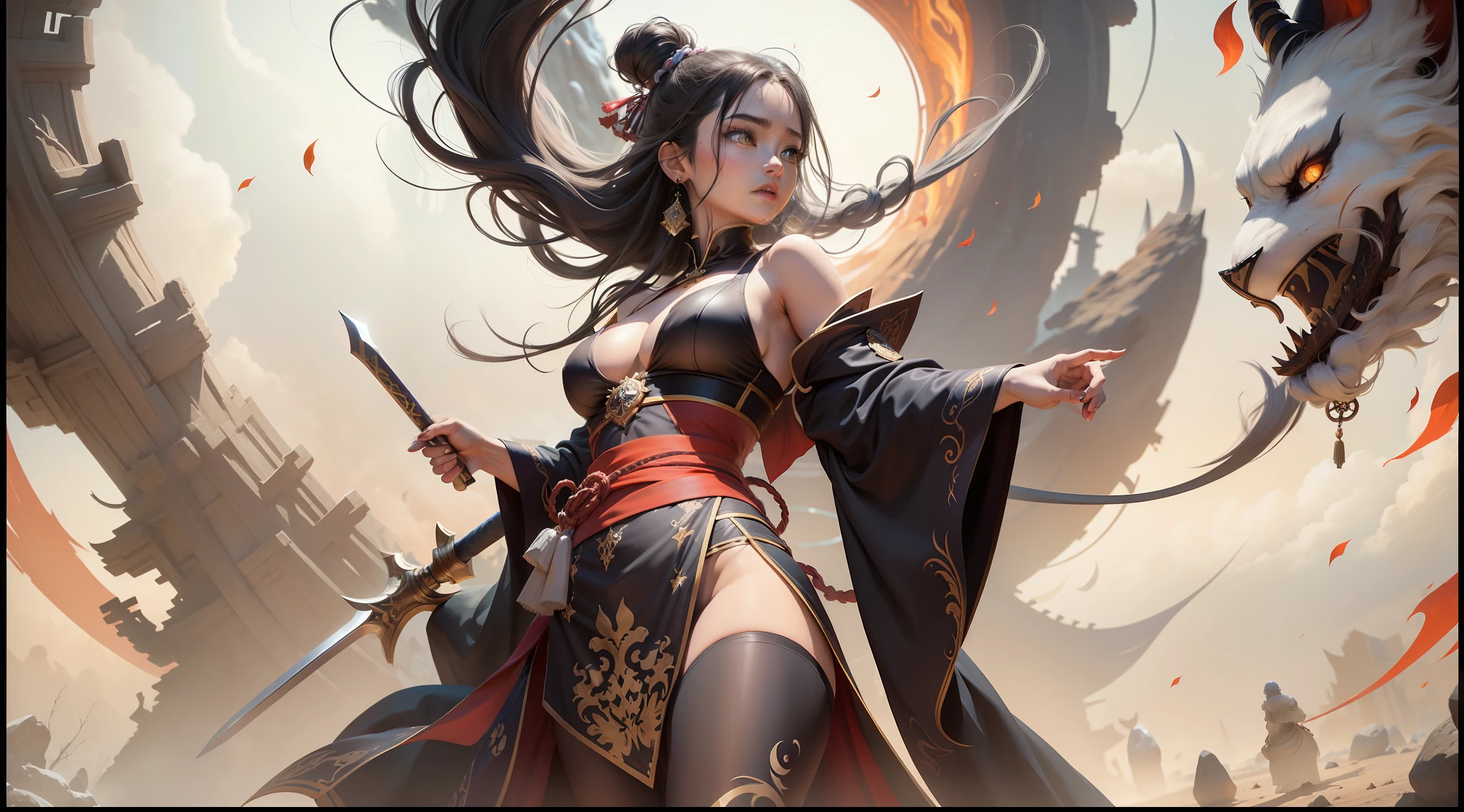 A place where strange boulders are bent,The moonlight shone on the side of the girl's face,22 year old,realisticlying,Female Taoist,no-bra,vacuum,Extra-long sleeves,Off-the-shoulder attire,huge tit,cleavage,Hanfu long skirt,Extra-long hair,Color gradient for long hair(1.5),Messy hair,Taoist sword,Taoist costumes,Taoist charm,Barefoot,realskin,realcumAI,Snow-white skin,Snow-white thighs,Top image quality,Extreme light and shadow,From below,Colorful tights,High details,Standing painting,Demons and demons,repellent,lines of movement,in a panoramic view,closeup cleavage,Top image quality,Vertex quality,Extreme light efficiency,Extreme picture quality,