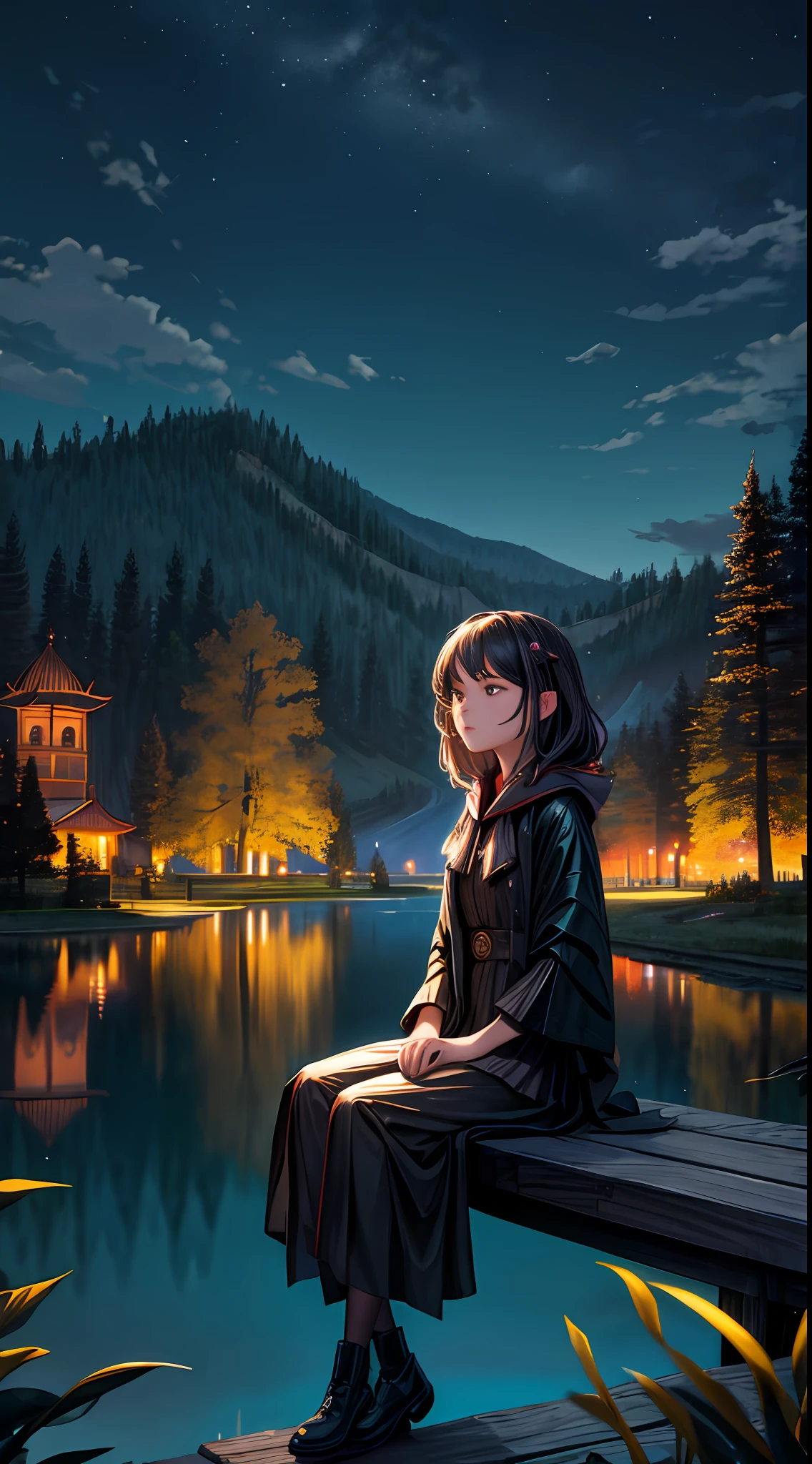 masterpiece,best quality,cinematic,dramatic,dynamic,1girl,landscape,lake,sitting,night,illumination,pond,face