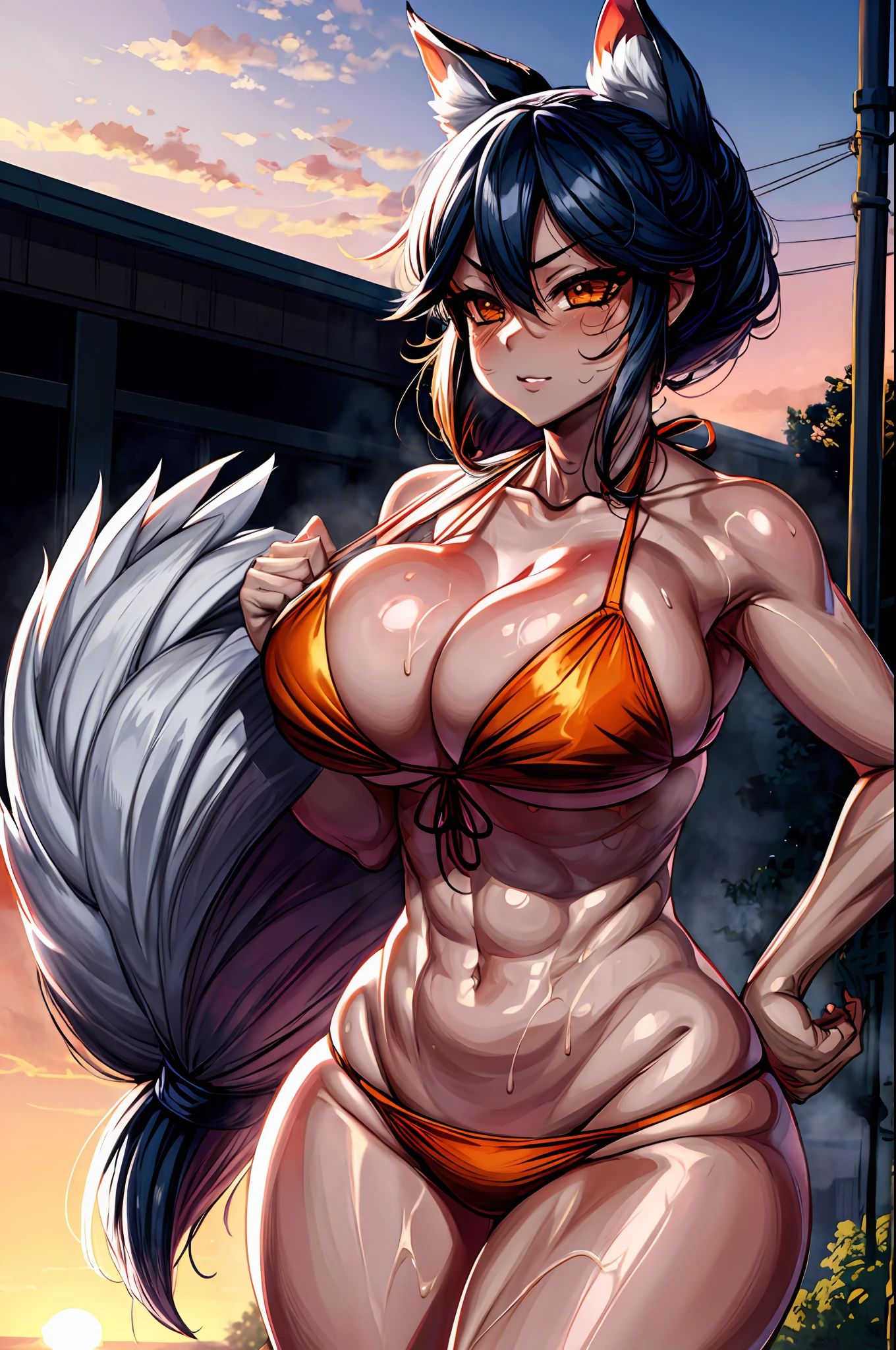 kitsune, bikini, large breasts, sweating, sunset, running