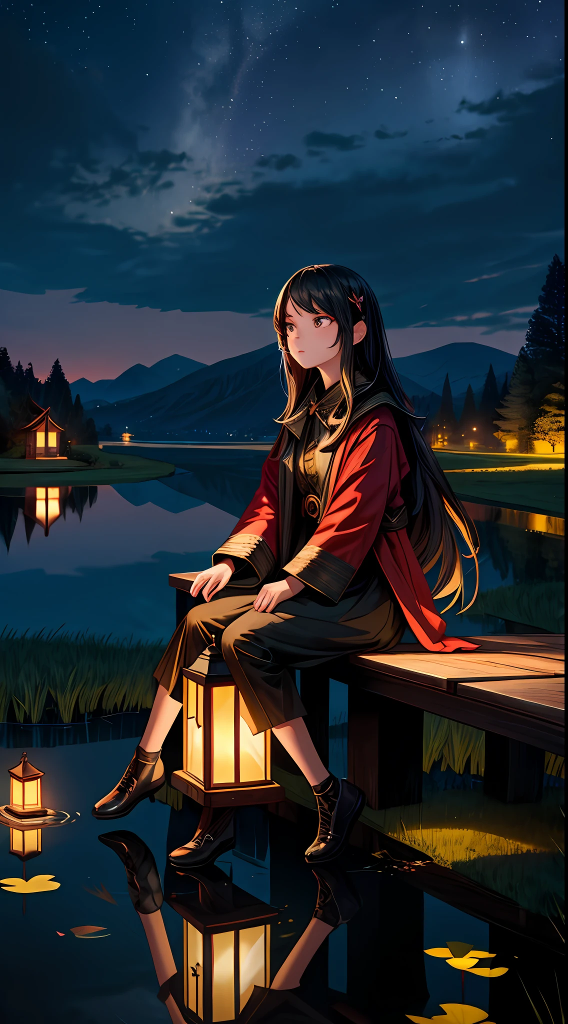 masterpiece,best quality,cinematic,dramatic,dynamic,1girl,landscape,lake,sitting,night,illumination,pond,face