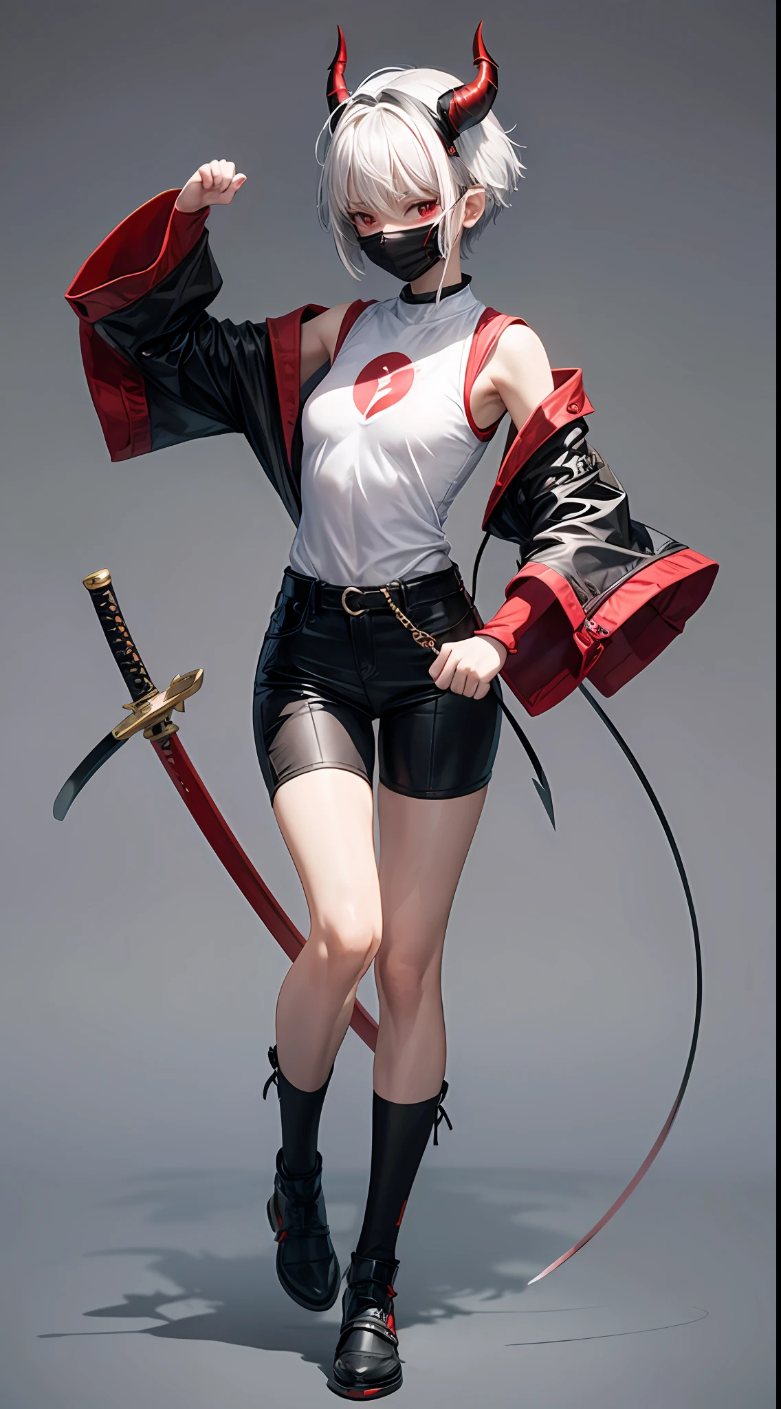 1 girl  with small breast Ted white hair short hair, red eyes, used mask on face,white short shirt, black skart, devil horn hairb, staking katana, full body, standing battle pose.