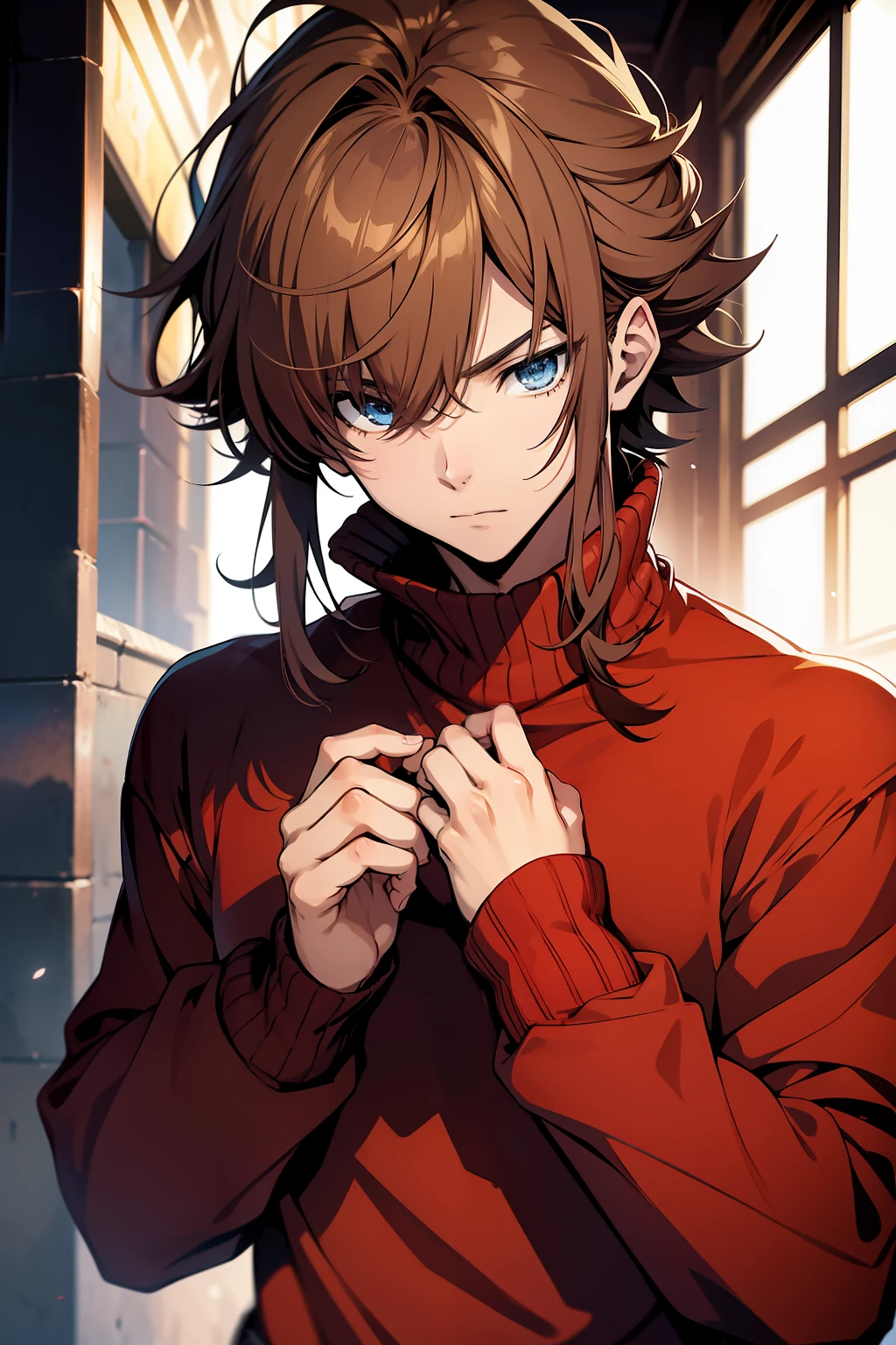 anime, anime style, takeuchi artstyle,, teen adult male anime, Using magic, medium hair, brown hair, blue eyes, long hair, red sweater, detailed hands, high quality, best quality