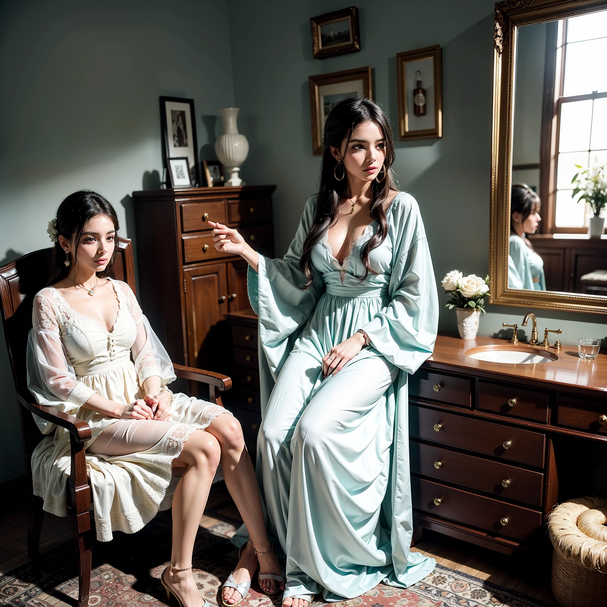 Estilo boho-chic. Una hermosa mujer ayuda a su hermosa hermana a maquillarse. They are in a room with a stunning vintage style vanity. Son mujeres que se visten de una manera moderna muy atractiva.. 2023.