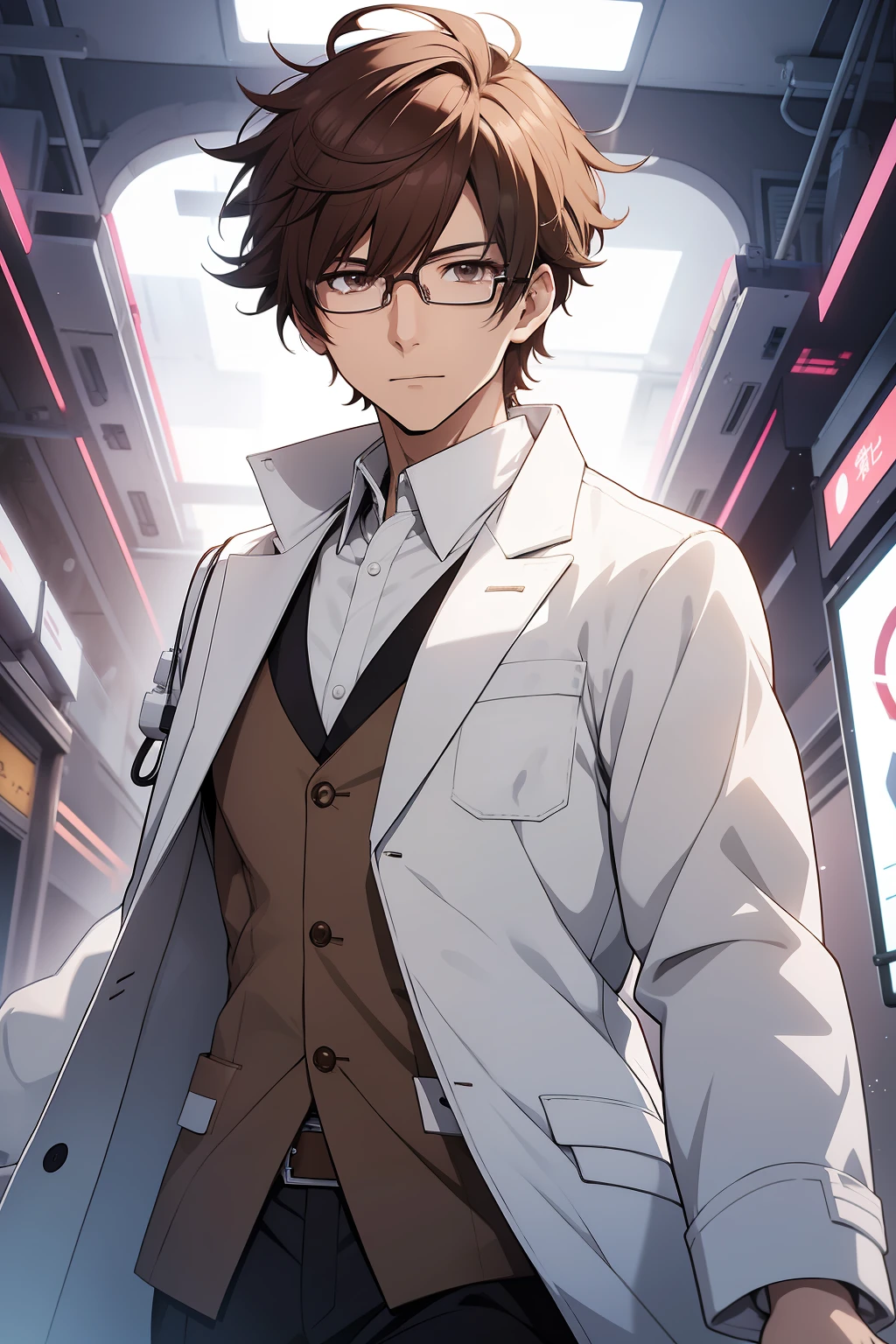 anime guy, wearing a white doctor overcoat, brown short hairs, wearing glasses, anime style 2, 4k, white shining aura