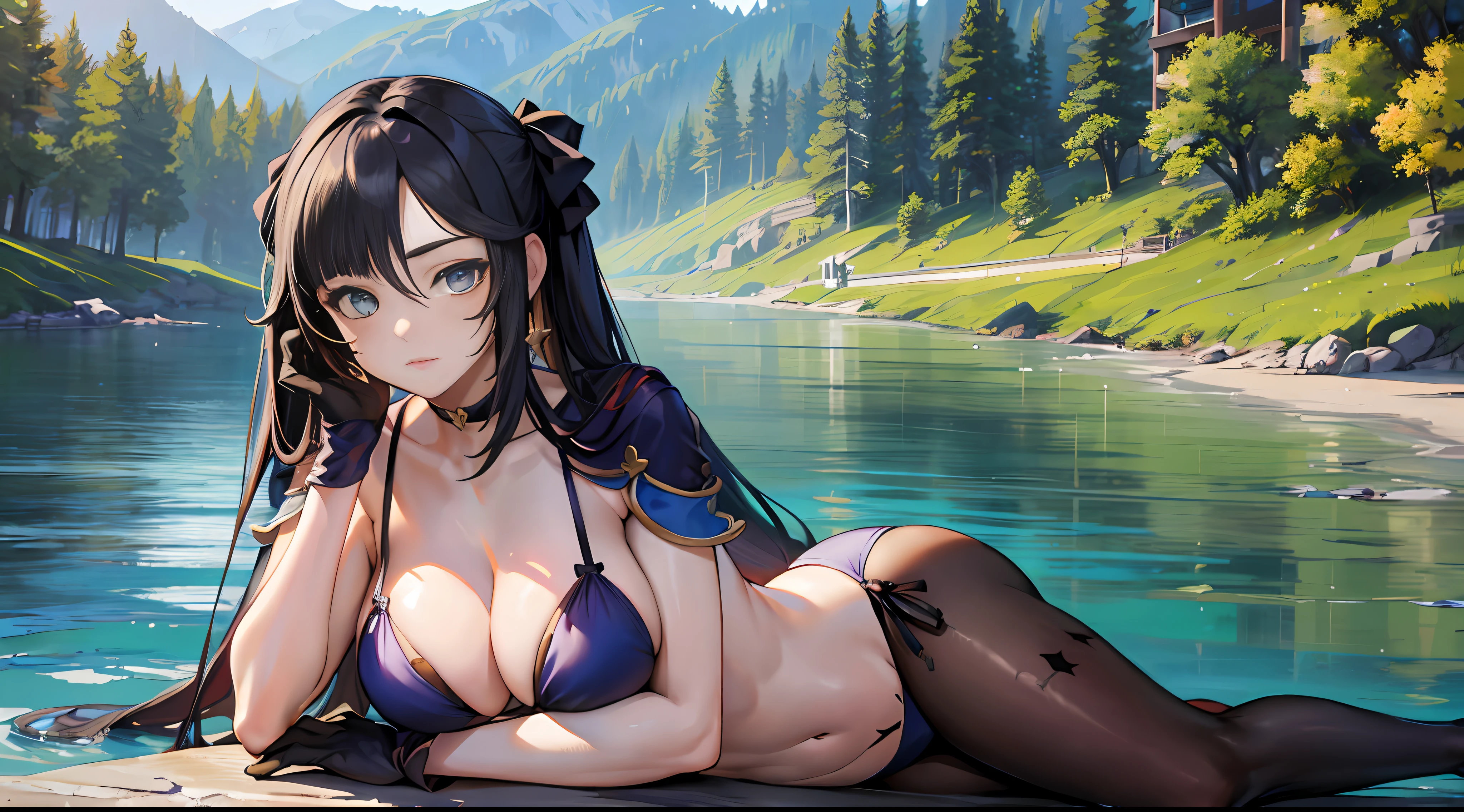 Mona \(genshin impact\), Iwhole body, (NSTDA.:1.2), (10, beste-Qualit, master-piece: 1.4), ultra-high resolution, (lifelike, photorealistic portrait: 1.48), 20 age, Cute Girl, (Look neatly through the bikini:1.11), Famous Japanese actors, Beautiful breasts, Blue Eyes, Head tilt, cowboy shot, from the side, looking at the audience, expressionless, Beautiful lake, Zeiss 150mm F/ 2.8 Hasselblad, Whole body, foot, Ultra-Wide Angle