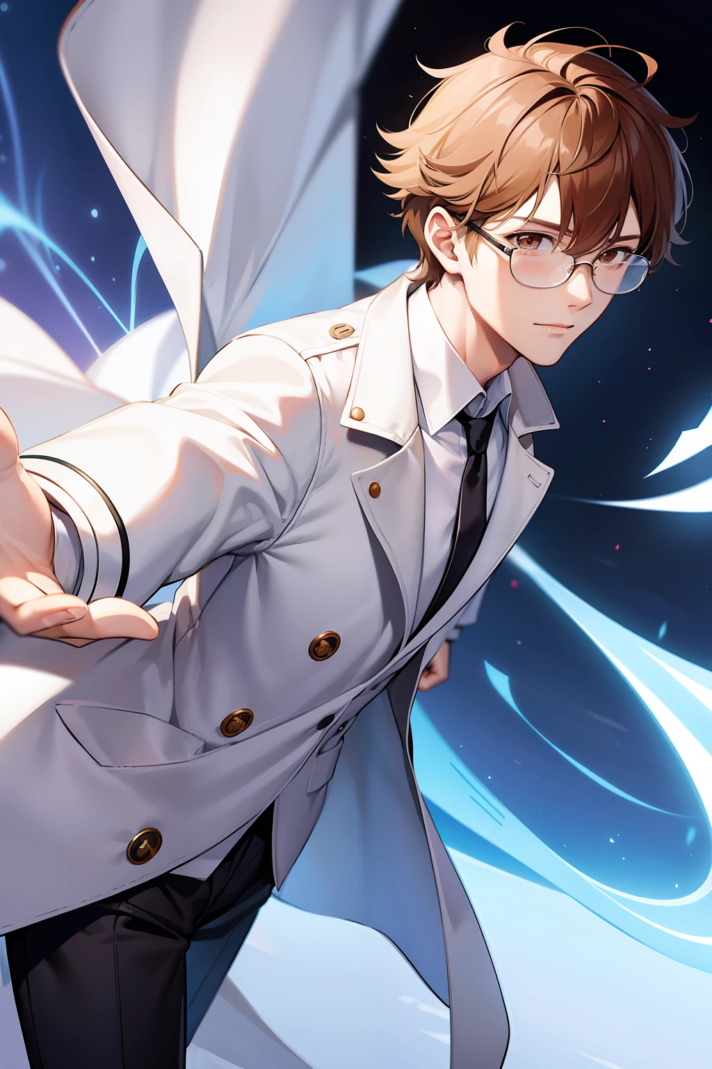 anime guy, wearing a white doctor overcoat, brown short hairs, wearing glasses, anime style 2, 4k, white shining aura