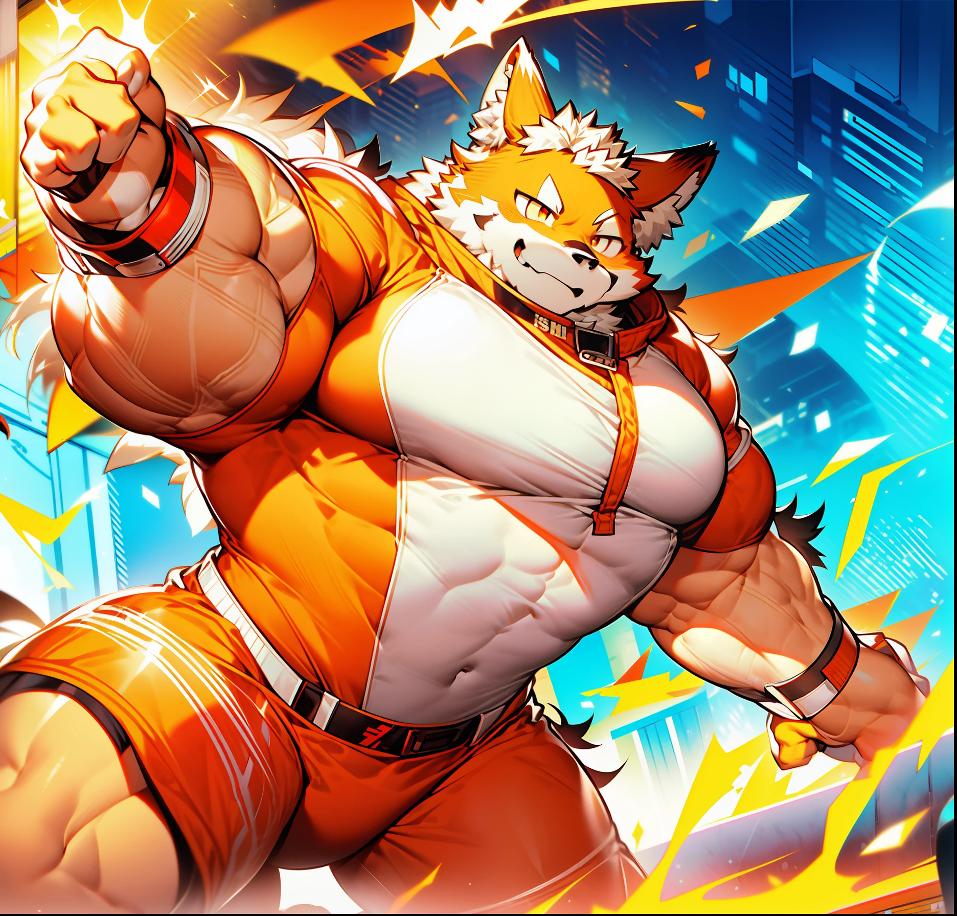 coyote,Furry,Orange-white hair,musculature,Muscle men,nakeness,Strong,ultraclear,Has a large ,Collar,Black shorts,boxer,fist,red pupils,Abs,Yellow coat,The erection,Collar,Has a large ,der riese,tit,Solo,Stout arms,Storm jacket,Badge,Pronounced abs,ssmile,subway station background,Urban style,hold fists,Big Dick,Red Storm jacket