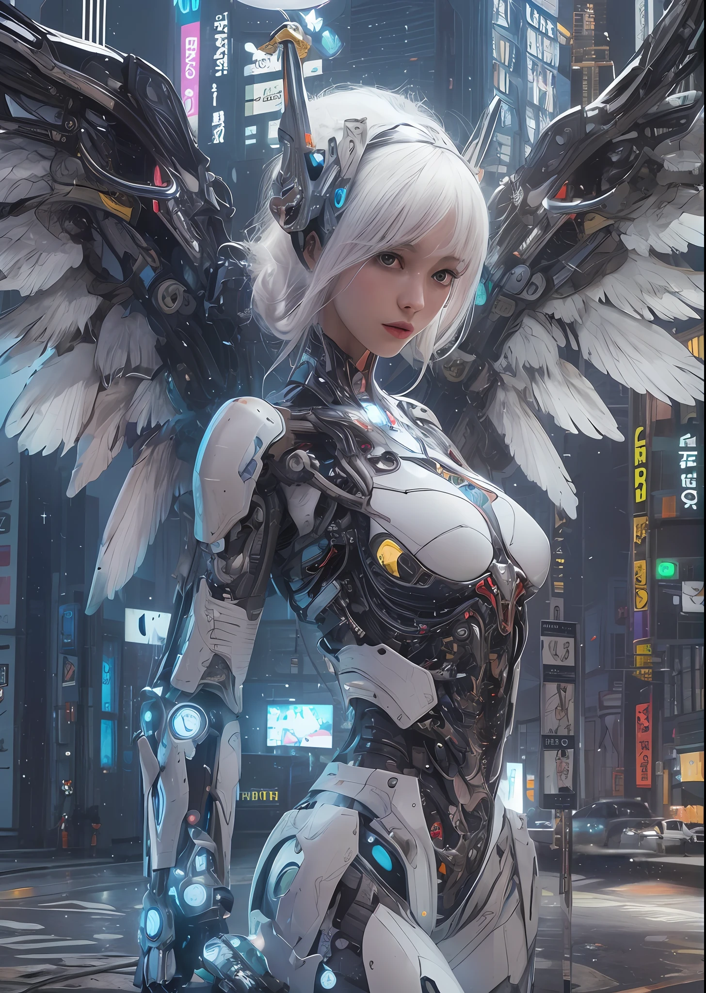 top-quality、masterpiece、超A high resolution、(Photorealsitic:1.4)、Raw photo、Battle Cyborg Angel、large wings made of metal、White porcelain body、Acrylic Clear Cover、white hair、glowy skin、1 Cyborg Girl、((super realistic details))、portlate、globalillumination、Shadow、octan render、8K、ultrasharp、character edge light,Colossal tits、Raw skin is exposed in cleavage、Details of complex ornaments、Japan details、Hydraulic cylinder、Small LED lamp、highly intricate detail、Realistic light、a purple eye、radiant eyes、Facing the camera、neon details、cowboy shot、Futuristic headgear、About Cyberpunk、、