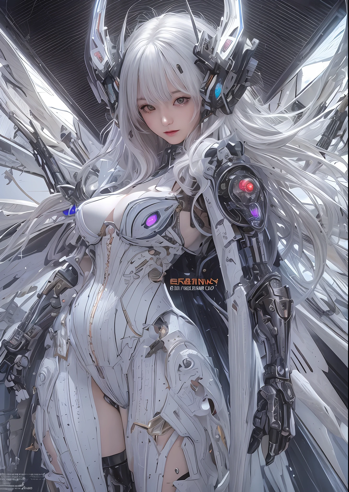 top-quality、​masterpiece、超A high resolution、(Photorealsitic:1.4)、Raw photo、Battle Cyborg Angel、large wings made of metal、White porcelain body、Acrylic Clear Cover、white  hair、glowy skin、1 Cyborg Girl、((super realistic details))、portlate、globalillumination、Shadow、octan render、8K、ultrasharp、character edge light,Colossal tits、Raw skin is exposed in cleavage、Details of complex ornaments、Japan details、Hydraulic cylinder、Small LED lamp、highly intricate detail、Realistic light、a purple eye、radiant eyes、Facing the camera、neon details、cowboy  shot、Futuristic headgear、About Cyberpunk、、