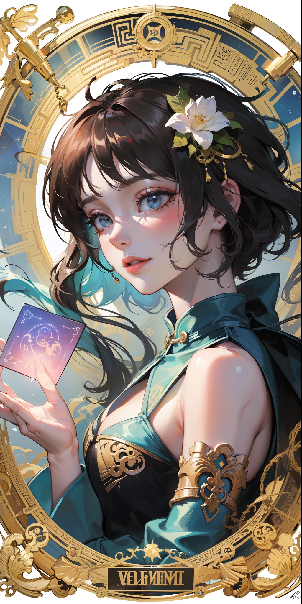 (White background:1.55), (Astrology tarot style frame,Cyberpunk Gold Seal Art Signature,text,English logo,Silhouette bottom frame:1.55),(Realism,nagative space background:1.3),(Beautiful goddess girl bust close-up:1.5)，， ((Gold wire woven three-dimensional round carved tarot card style，Round carving：1.45)),Face with rich detail, Superbly detailed eyes,（[Flowers:5| Steampunk components:4| Saturn ring:3| Magic Array:4|Nine-tailed fox steampunk mech:4]:1.1), steampunc, Magical Circle, pentacle,3D，CG,art by wlop，ruan jian，Finch，Alphonse Mucha，beautiful  detailed face,koi fishes, jellyfish, Bio-luminescence, Plasma, Ice, water, Wind, organism, Beautiful and intricate ancient Chinese clan face pattern and classic dragon embroidered cheongsam casual shirt,([Golden yin and yang fish:2| Taijitu flower:2|Black and red octets:1]:1.4）Embroidered embossed background， Dynamic Angle，White skin,oil, Light smile，((Short hair with gold thread)), Mountain and river mythical beast classic，{Painting},Extremely detailed，Ancient Chinese mythological style,art of greg rutkowski，Mucha, Liu Quanyi，(Highly detailed), ((Masterpiece)),(impasto),Original, extremelydetailedwallpaper, Intricate, Digital painting,black shadows ,Landscapes , fantasy,Chinese city,(jetty:1.3),(Lake:1.3),(vellus hair:1.2),lamp lights,Clear sky ,Wind ,Beautiful sky ,cumulus cloud ,(Night Star)