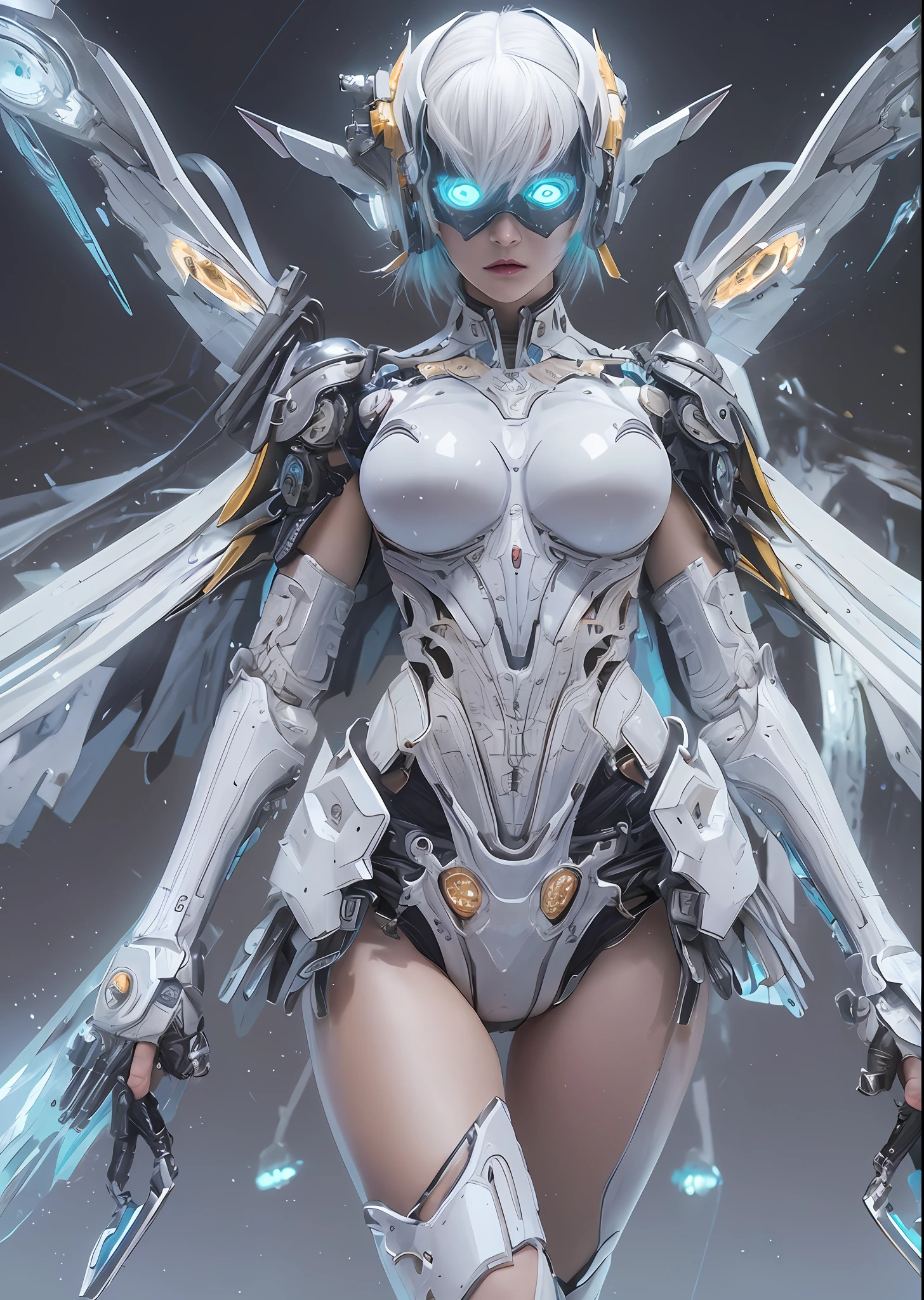 top-quality、masterpiece、超A high resolution、(Photorealsitic:1.4)、Raw photo、Battle Cyborg Angel、large wings made of metal、White porcelain body、Acrylic Clear Cover、white hair、glowy skin、1 Cyborg Girl、((super realistic details))、portlate、globalillumination、Shadow、octan render、8K、ultrasharp、character edge light,Colossal tits、Raw skin is exposed in cleavage、Details of complex ornaments、Japan details、Hydraulic cylinder、Small LED lamp、highly intricate detail、Realistic light、a purple eye、radiant eyes、Facing the camera、neon details、cowboy shot、Futuristic headgear、About Cyberpunk、、