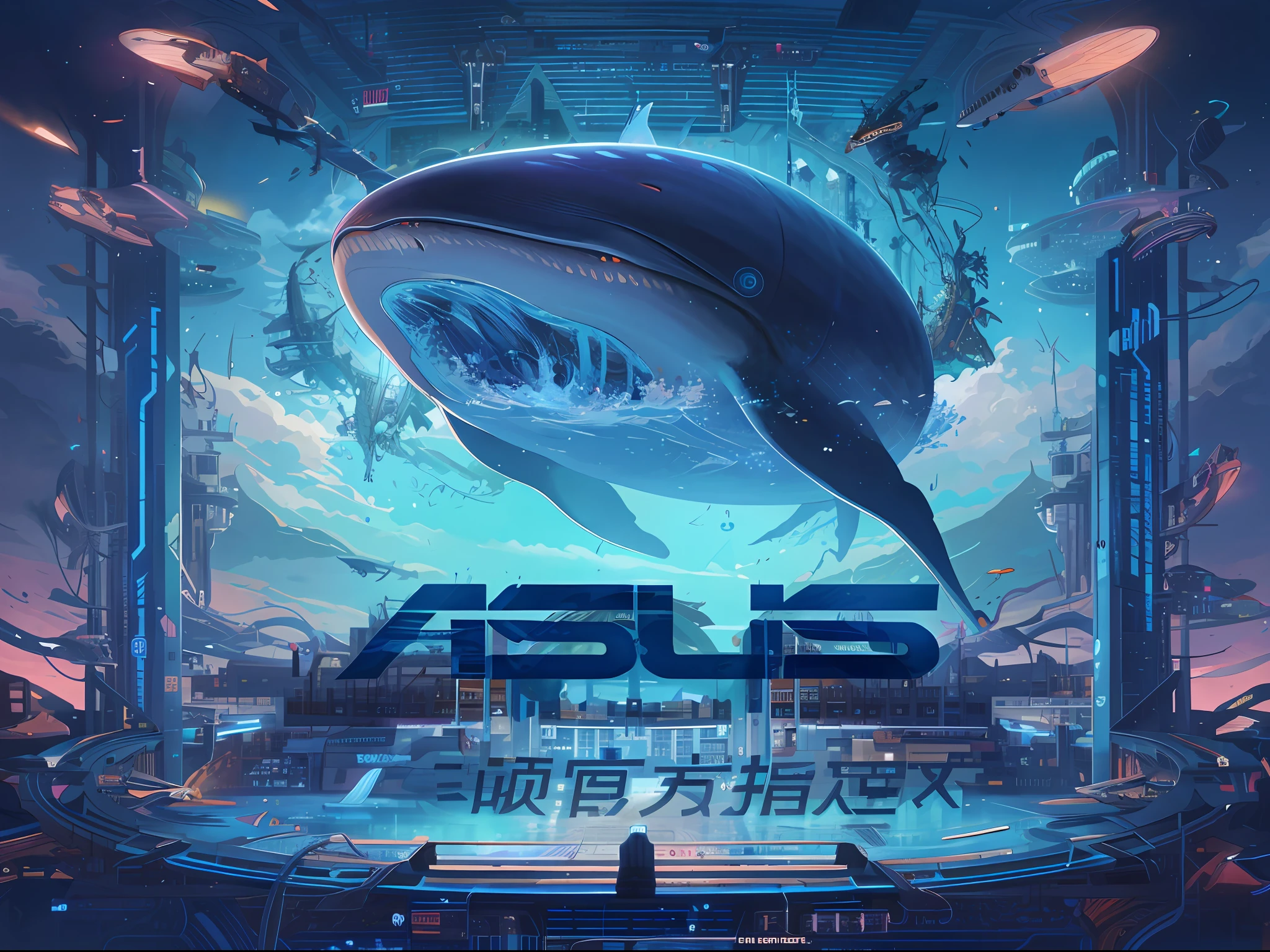 There is a whale poster in a futuristic setting, 3840 x 2160, 3840 x 2160, amazing splashscreen artwork, high detailed official artwork, Official artwork, amazing wallpapers, anime concept hdr anime macmanus, official poster artwork, wallpaper mobile, key art, wallpaper for monitor