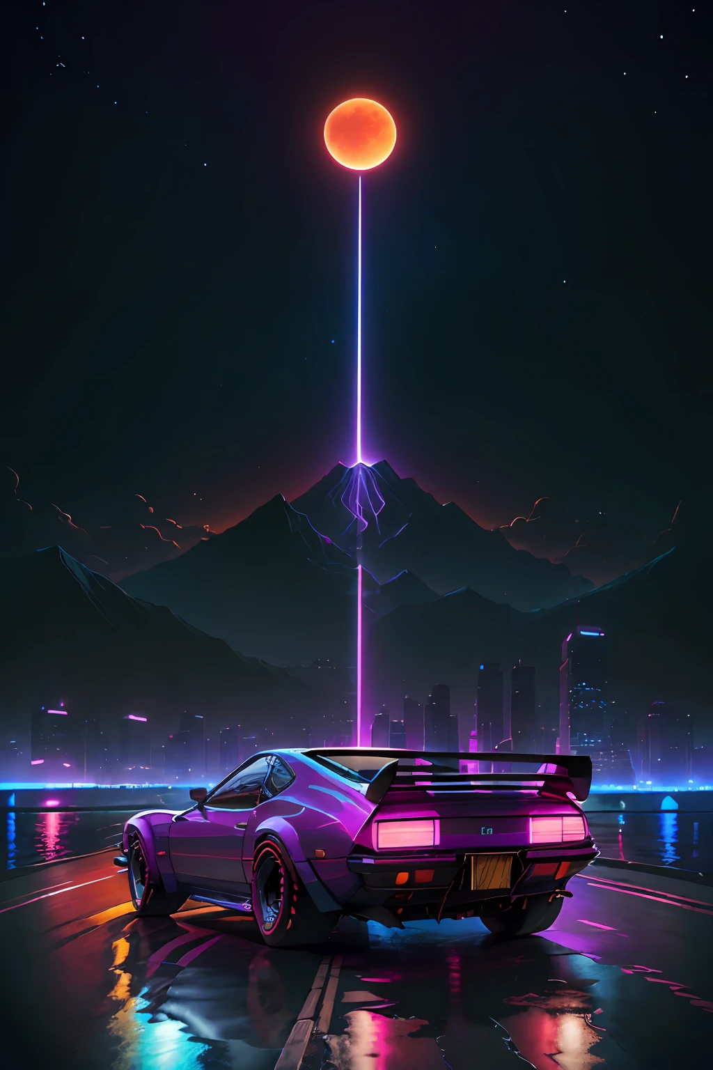 retrowave. city, 1969 Nissan S30, wide body kit, road, purple neon lights, sun, mountain,
(masterpiece,detailed,highres),