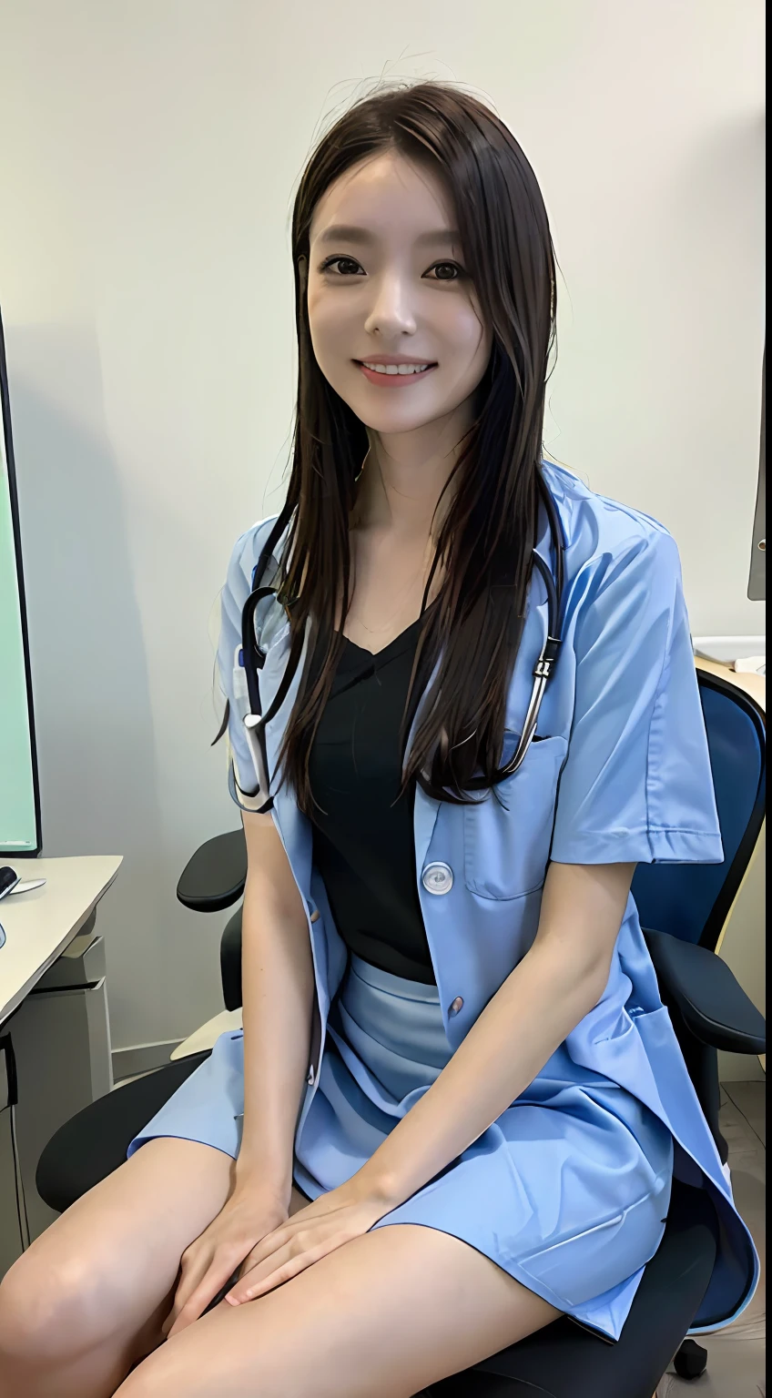 ((Top image quality、8K、​masterpiece:1.3))、((1 female))、((Japan  Woman))、((45 yers old))、((slim figure))、((Female Ophthalmologist))、((Detailed eye examination room))、((During medical examination))、((Floating Novafrog Style))、((Black hair Long hair))、((beautifully detailed hair))、((Extraordinary Beauty))、((Smile gently))、((Beautiful and detailed lips))、((Beautiful and detailed collarbone))、((Beautiful and detailed hands))、((Beautiful and detailed legs))、((Realistic and detailed skin feeling))、((Sitting on an office chair))、((legs crossed))、((Details Deep Blue Inner Shirt))、((Doctor's detailed lab coat))、((skirt by the))、