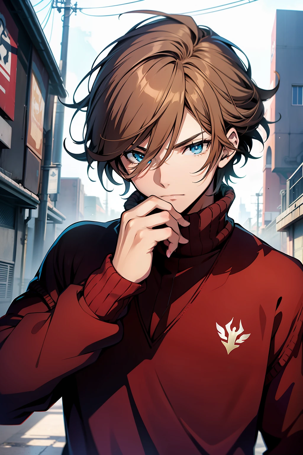 anime, anime style, Destiny style, teen adult male anime, Using magic, medium hair, brown hair, blue eyes, long hair, red sweater, detailed hands, high quality, best quality