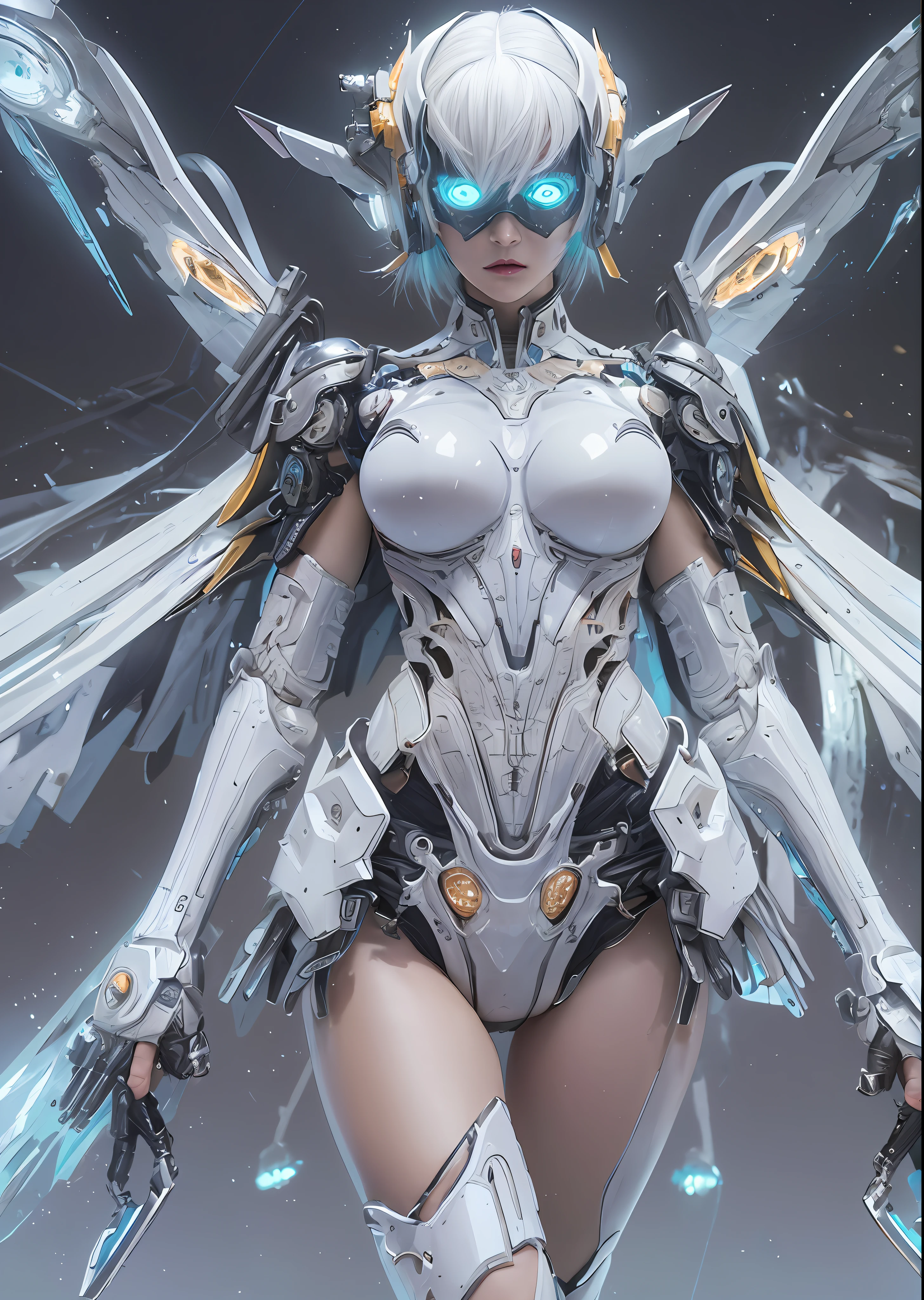 top-quality、​masterpiece、超A high resolution、(Photorealsitic:1.4)、Raw photo、Battle Cyborg Angel、large wings made of metal、White porcelain body、Acrylic Clear Cover、white  hair、glowy skin、1 Cyborg Girl、((super realistic details))、portlate、globalillumination、Shadow、octan render、8K、ultrasharp、character edge light,Colossal tits、Raw skin is exposed in cleavage、Details of complex ornaments、Japan details、Hydraulic cylinder、Small LED lamp、highly intricate detail、Realistic light、a purple eye、radiant eyes、Facing the camera、neon details、cowboy  shot、Futuristic headgear、About Cyberpunk、、