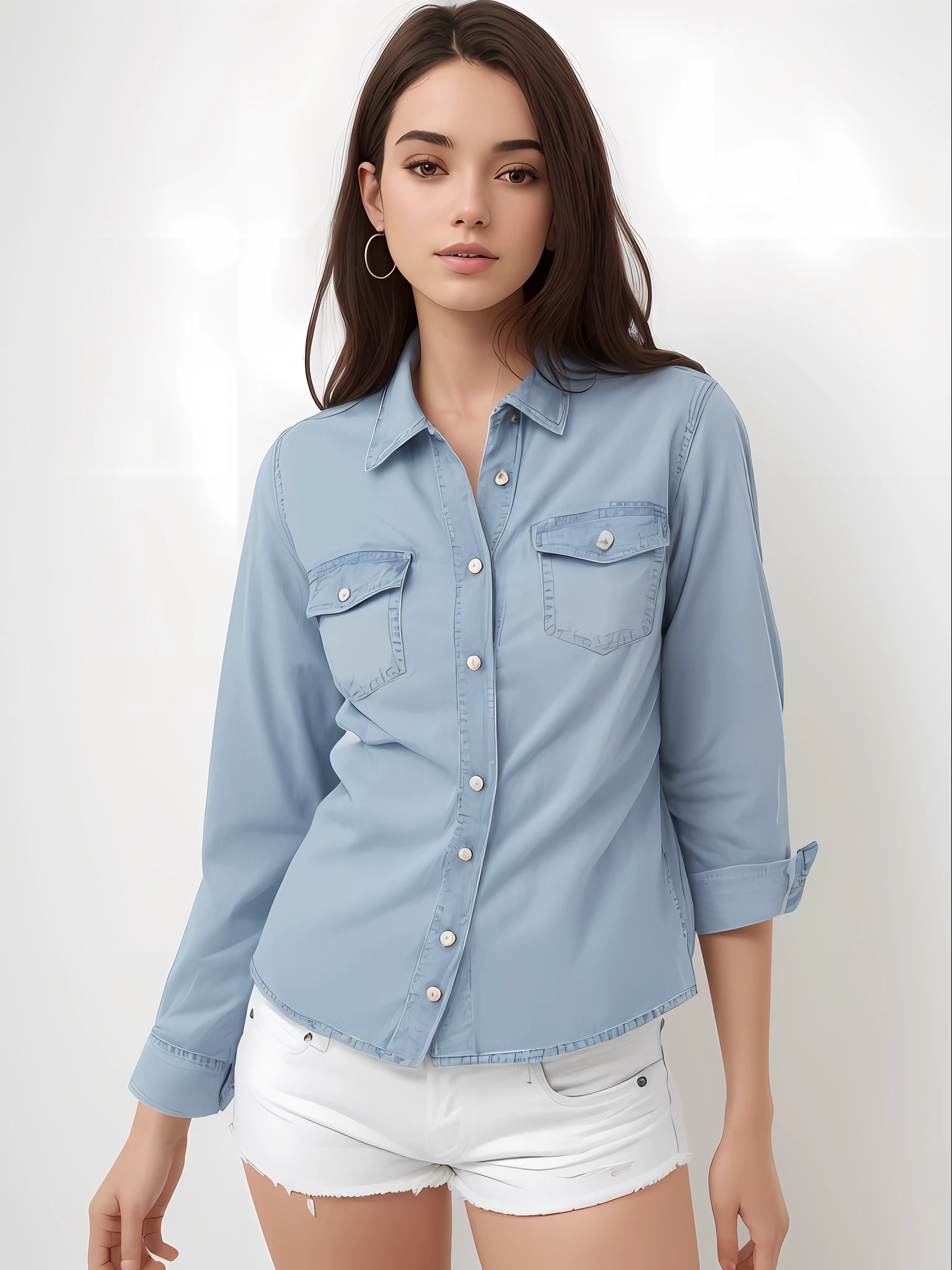 uma mulher muito linda e bem magra, rosto perfeito de camisa cinza e bermuda posando para uma foto, vestindo uma camisa e uma shorts jeans, jeans no shorts, button up shirt, camisa cinza, vestindo uma camisa escura e shorts jeans, button - up shirt, com dois bolsos frontais, usando shorts jeans, vestindo uma camisa azul clara, usando jeans no shorts, camisa de gola, camisa, shorts jeans azul. irreal 5